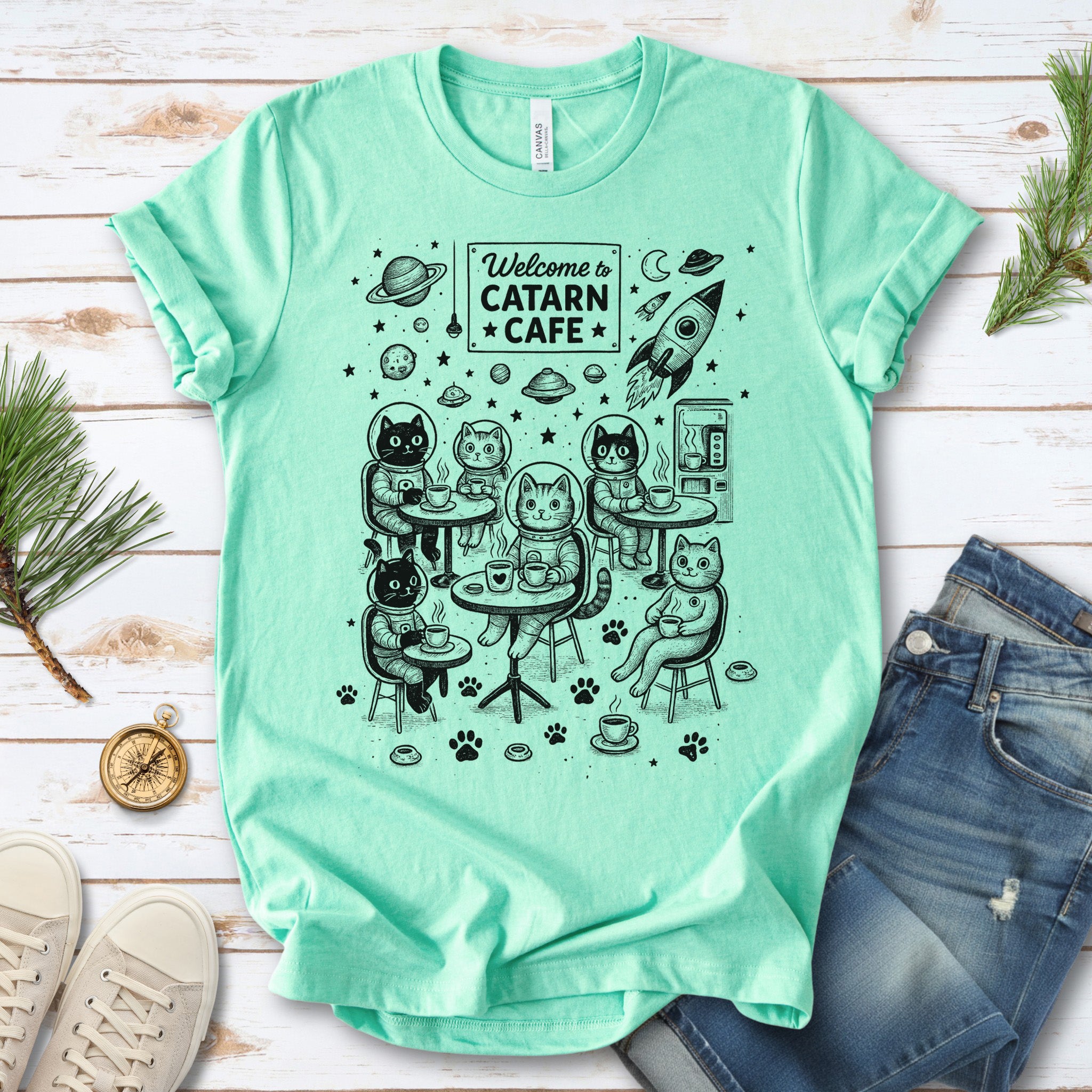 Space Cats Café Funny T-Shirt