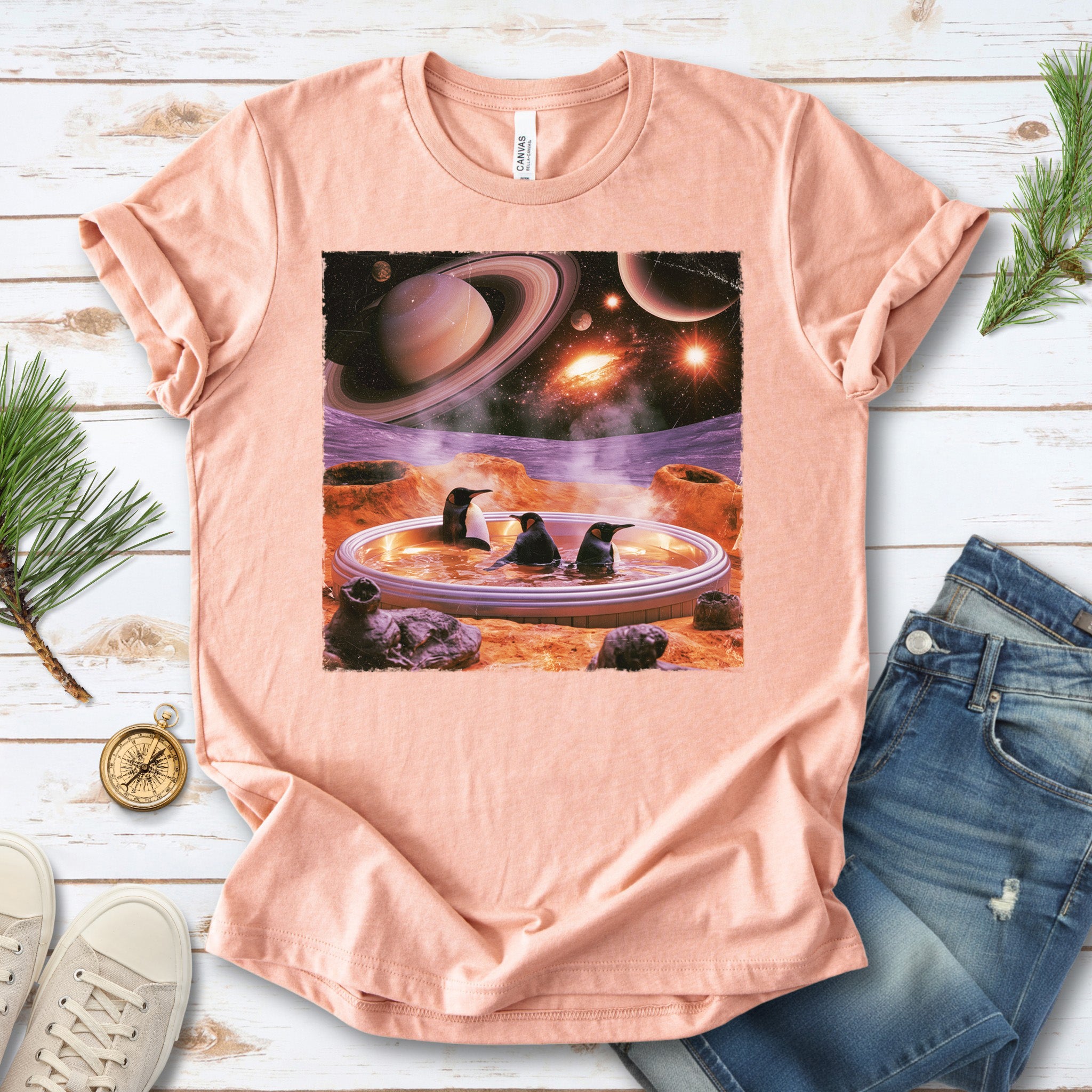 Space Jacuzzi Penguins Retro Cosmic Spa Day Graphic T-Shirt