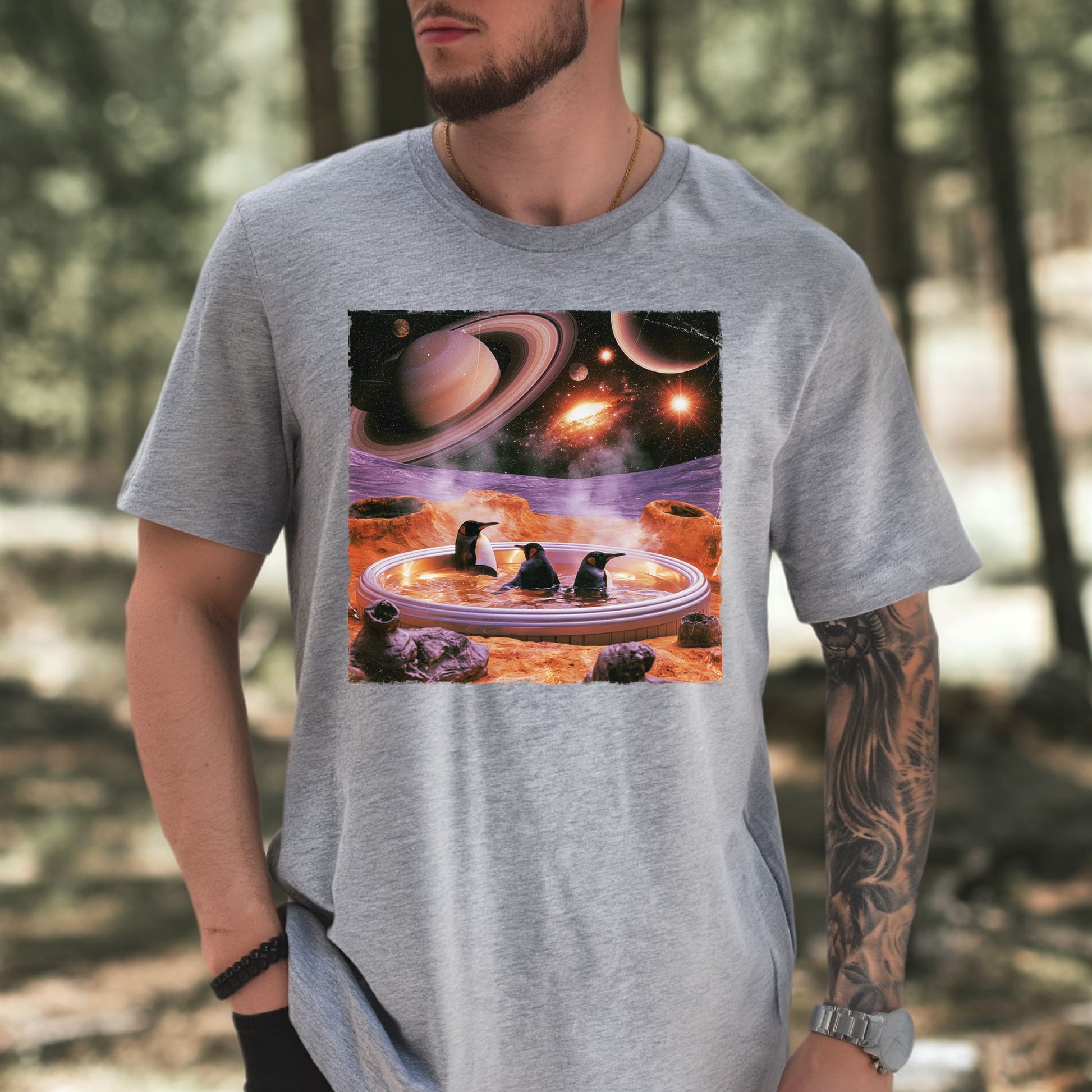 Space Jacuzzi Penguins Retro Cosmic Spa Day Graphic T-Shirt