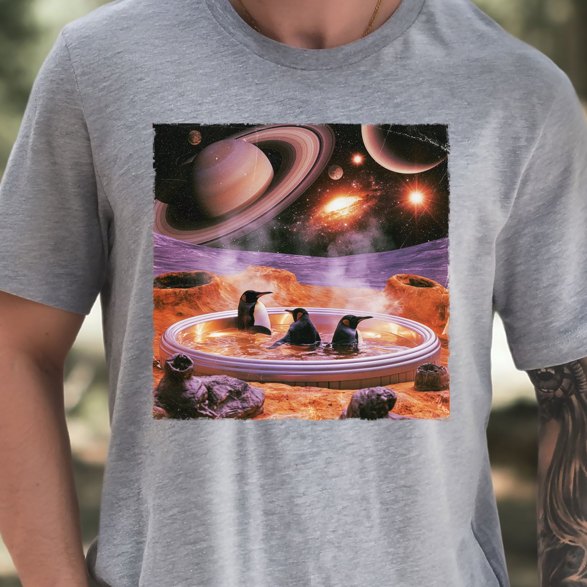 Space Jacuzzi Penguins Retro Cosmic Spa Day Graphic T-Shirt
