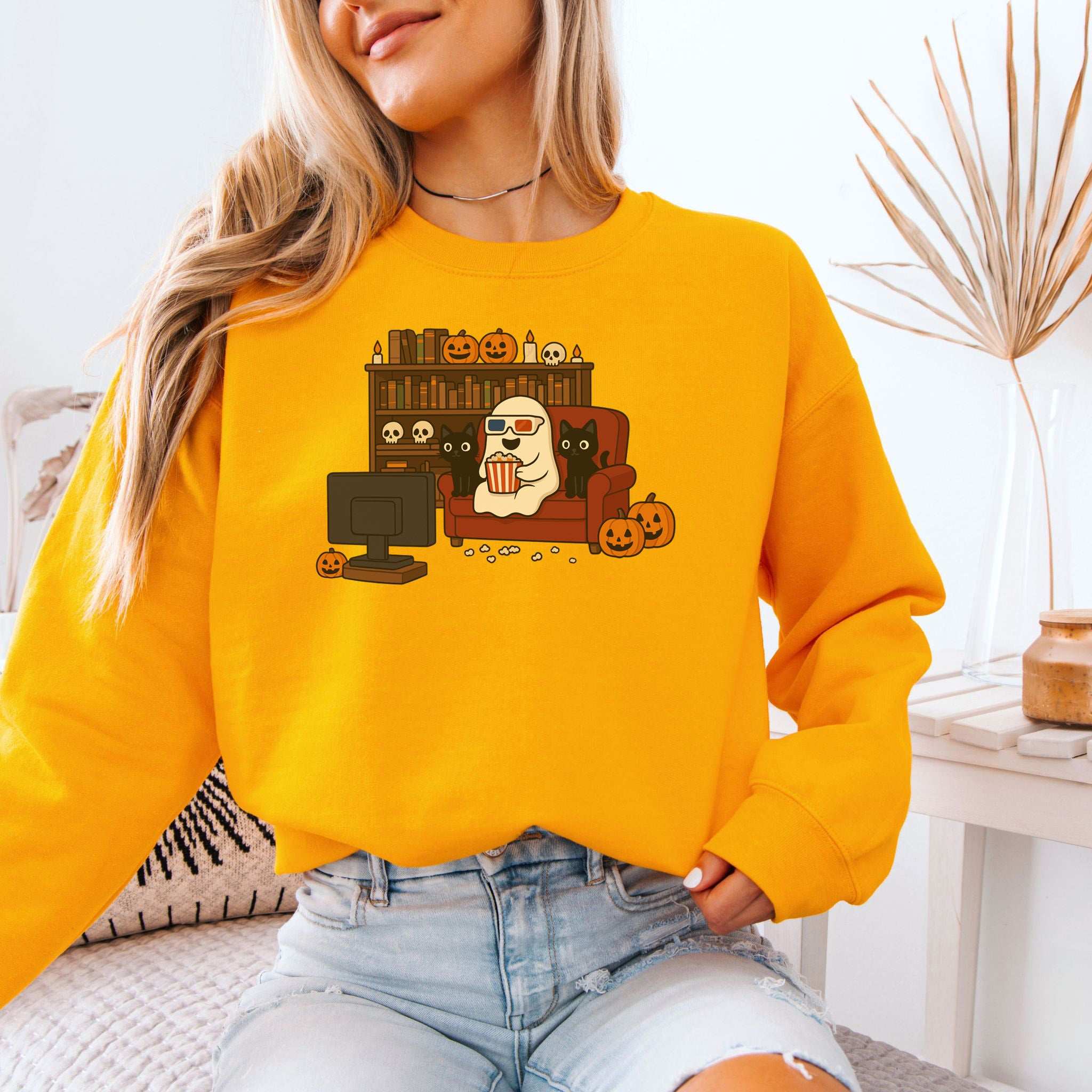 Spooky Movie Night Ghost & Cats Sweatshirt – Cozy Halloween Binge-Watch Vibes