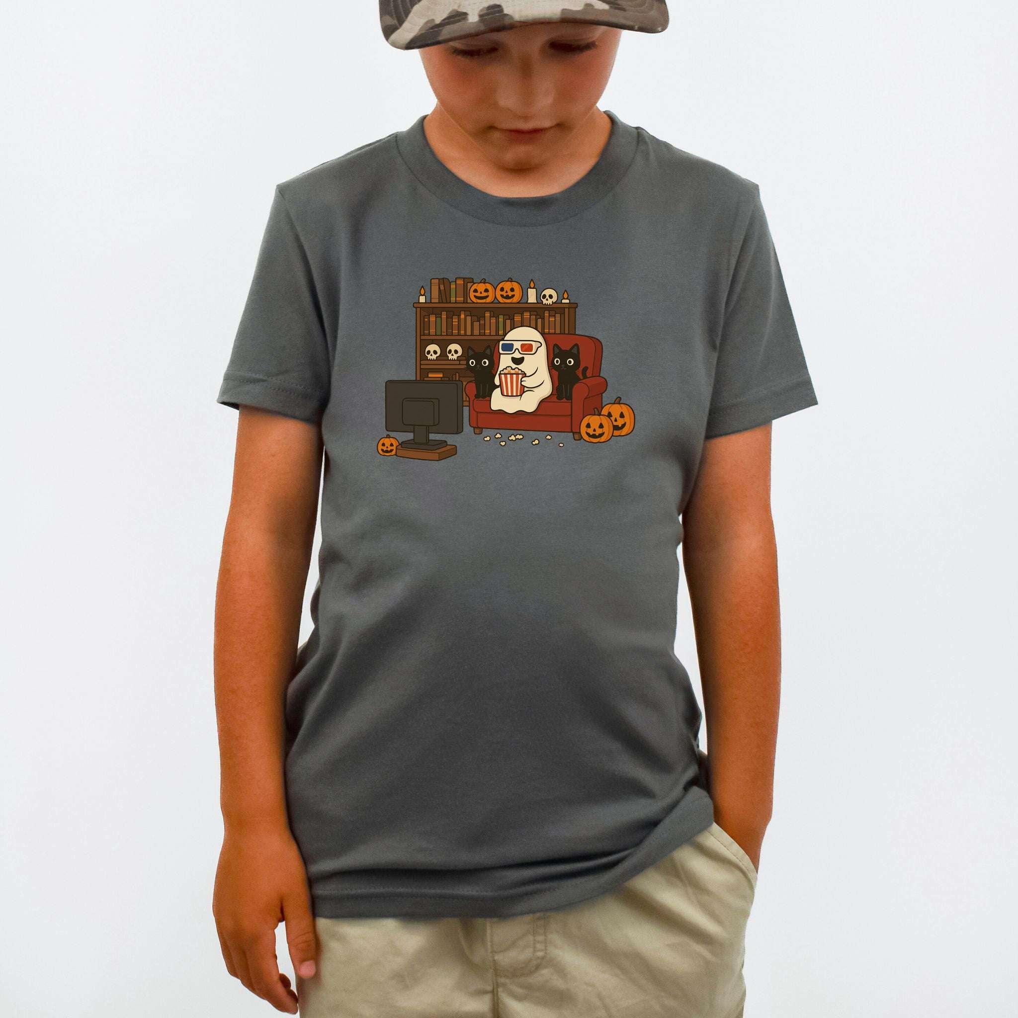 Spooky Movie Night Youth T-Shirt – Ghost, Cats & Couch Vibes