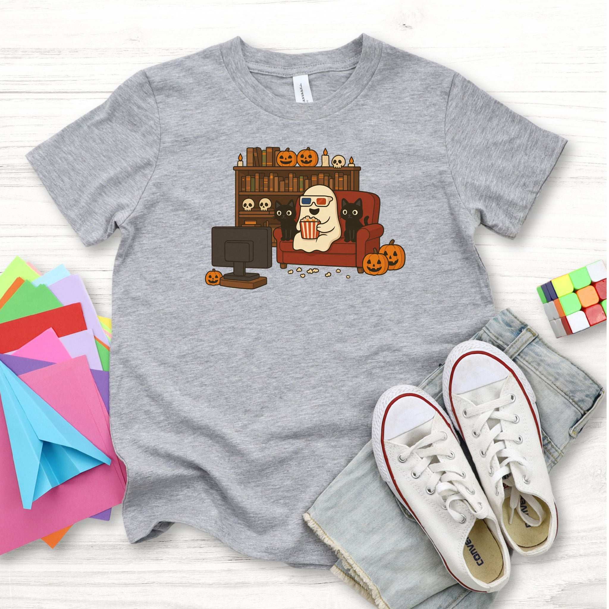 Spooky Movie Night Youth T-Shirt – Ghost, Cats & Couch Vibes