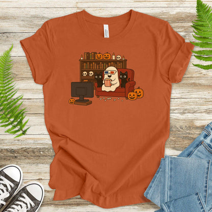 Spooky Movie Night Ghost & Cats T-Shirt – Cozy Halloween Binge-Watch Tee