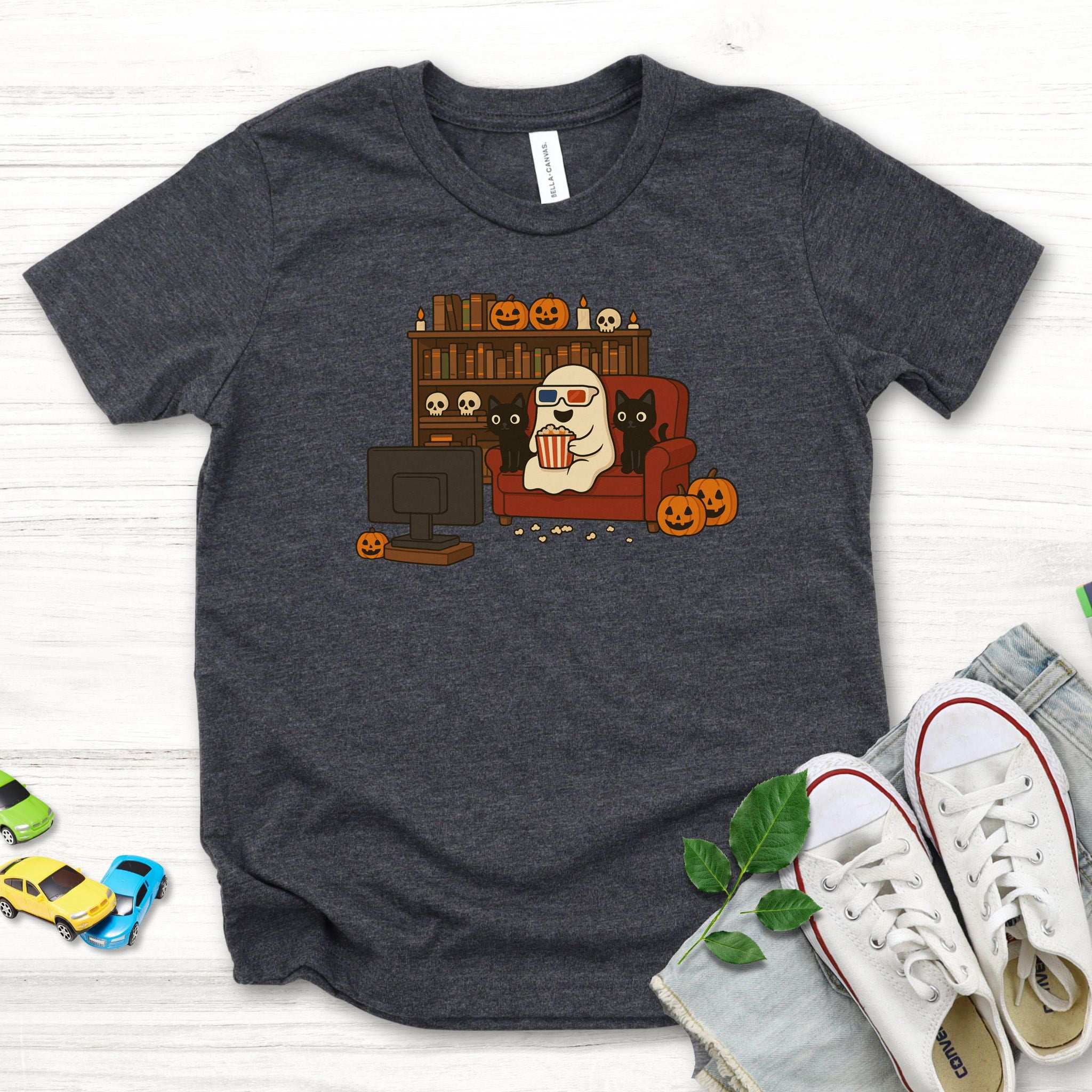 Spooky Movie Night Youth T-Shirt – Ghost, Cats & Couch Vibes