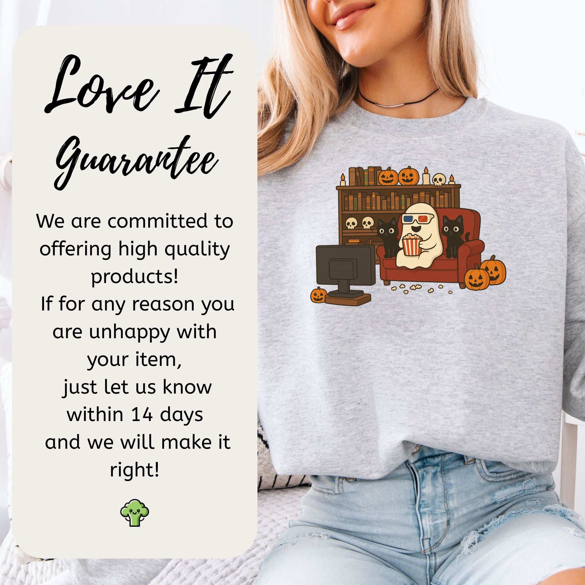 Spooky Movie Night Ghost & Cats Sweatshirt – Cozy Halloween Binge-Watch Vibes