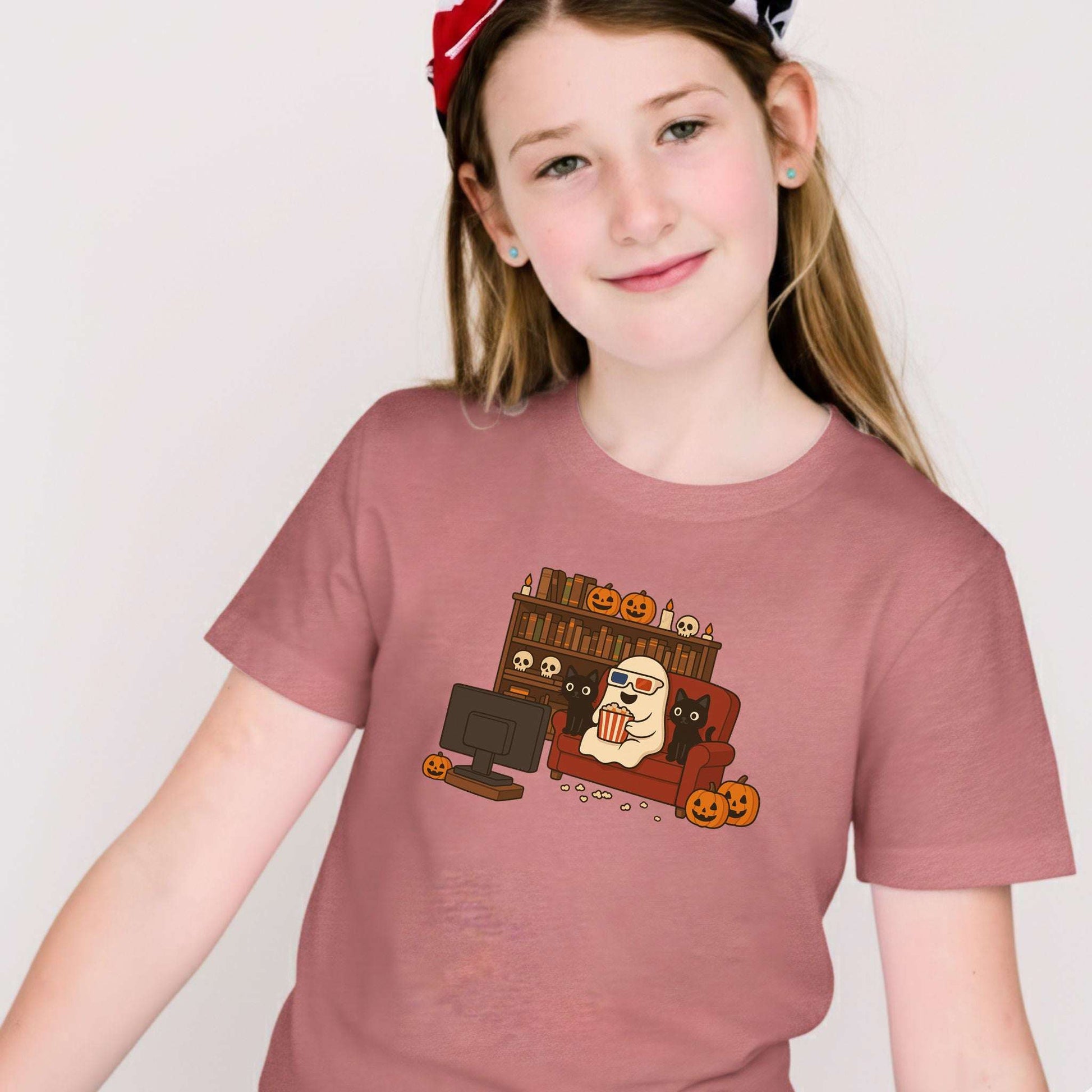 Spooky Movie Night Youth T-Shirt – Ghost, Cats & Couch Vibes