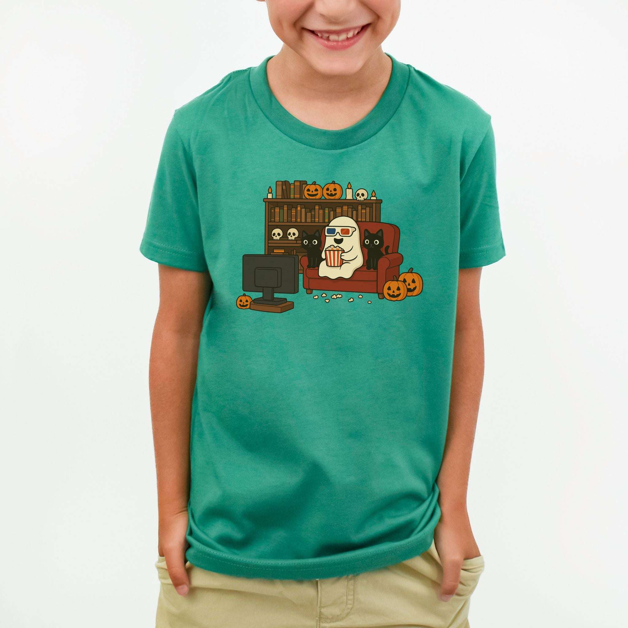 Spooky Movie Night Youth T-Shirt – Ghost, Cats & Couch Vibes