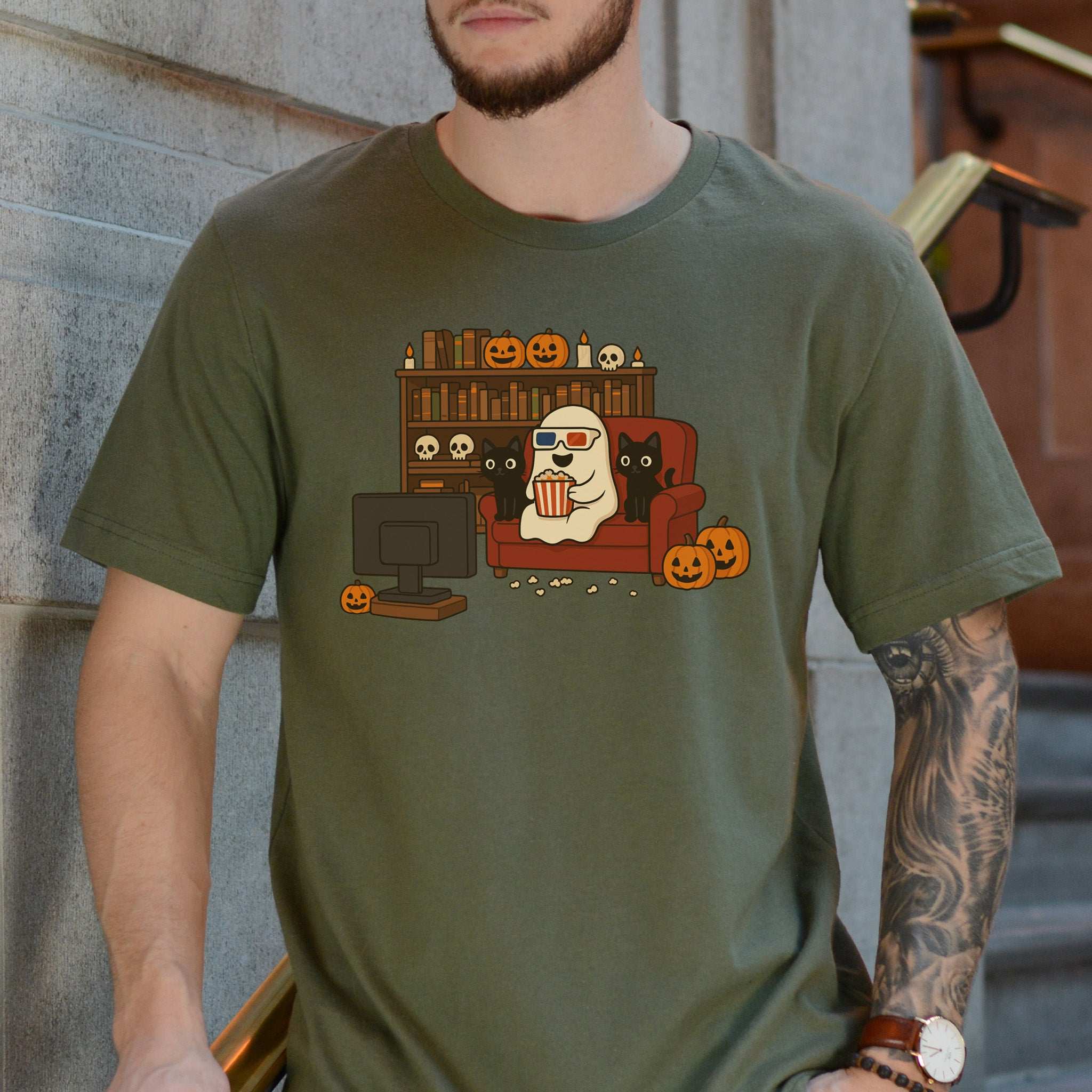 Spooky Movie Night Ghost & Cats T-Shirt – Cozy Halloween Binge-Watch Tee