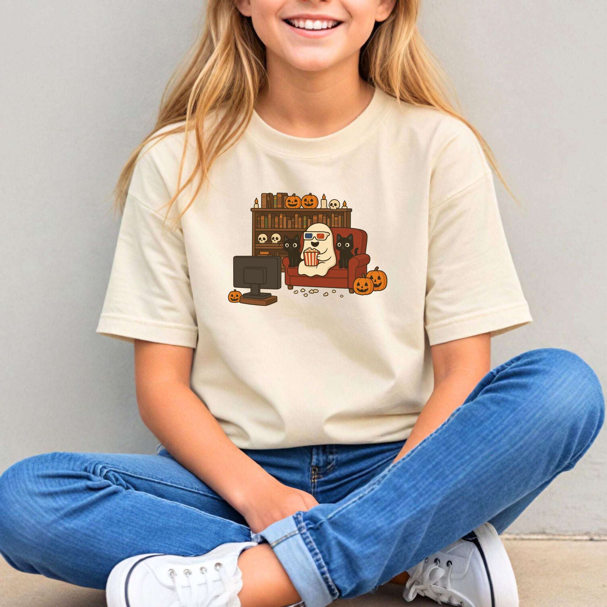 Spooky Movie Night Youth T-Shirt – Ghost, Cats & Couch Vibes