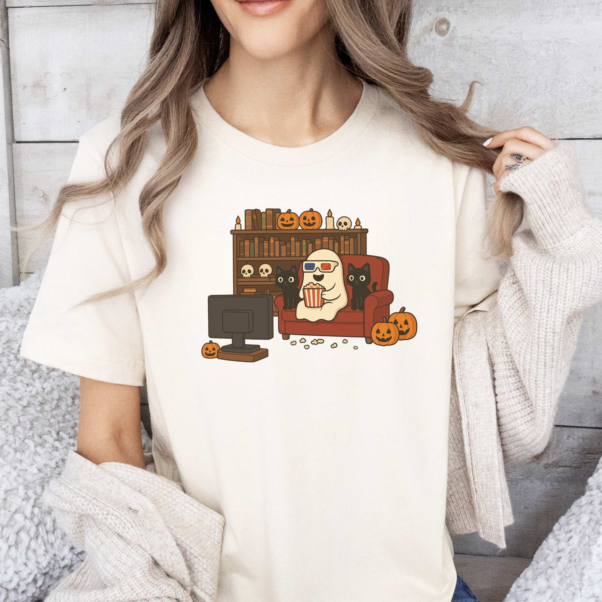 Spooky Movie Night Ghost & Cats T-Shirt – Cozy Halloween Binge-Watch Tee