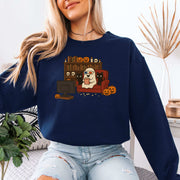 Spooky Movie Night Ghost & Cats Sweatshirt – Cozy Halloween Binge-Watch Vibes