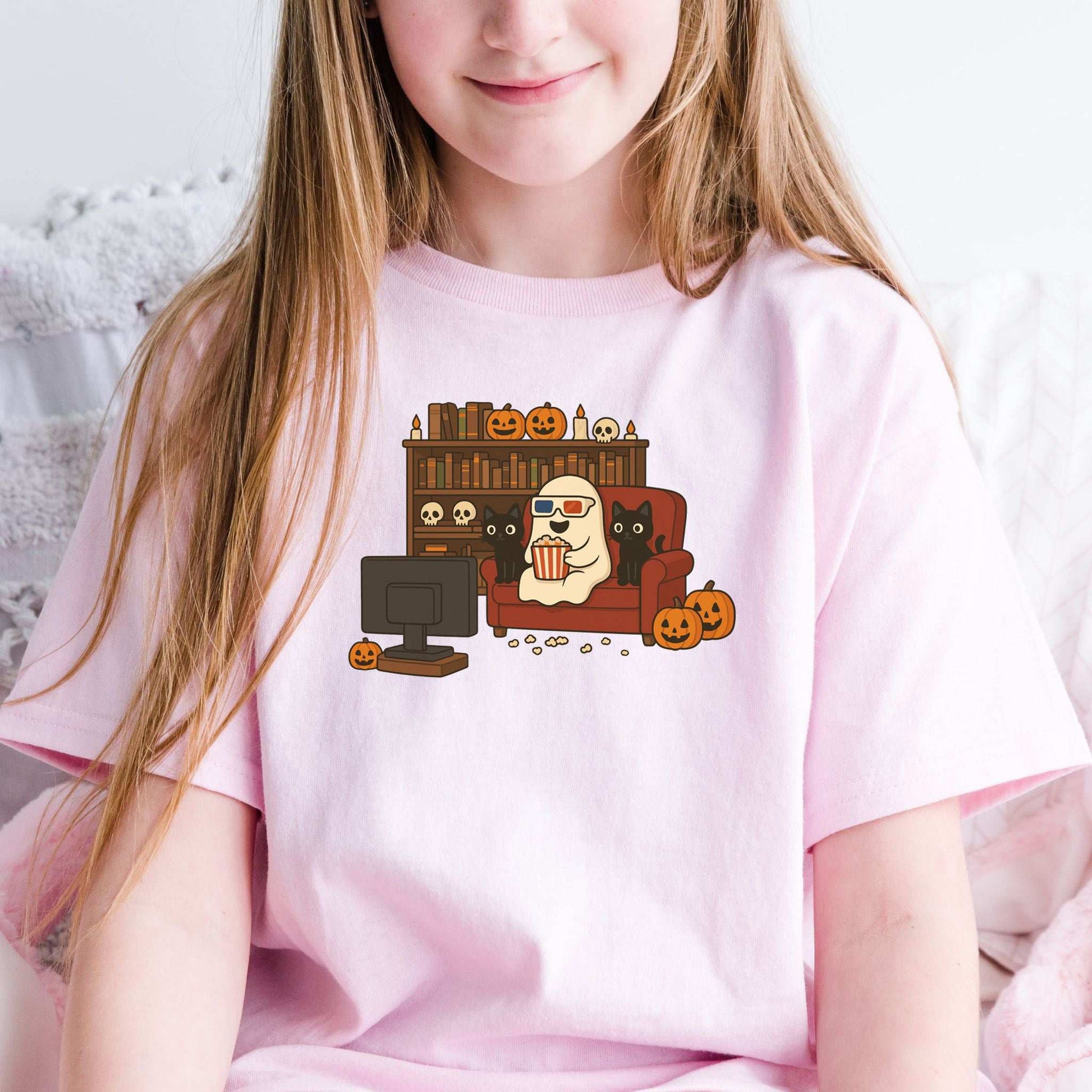 Spooky Movie Night Youth T-Shirt – Ghost, Cats & Couch Vibes