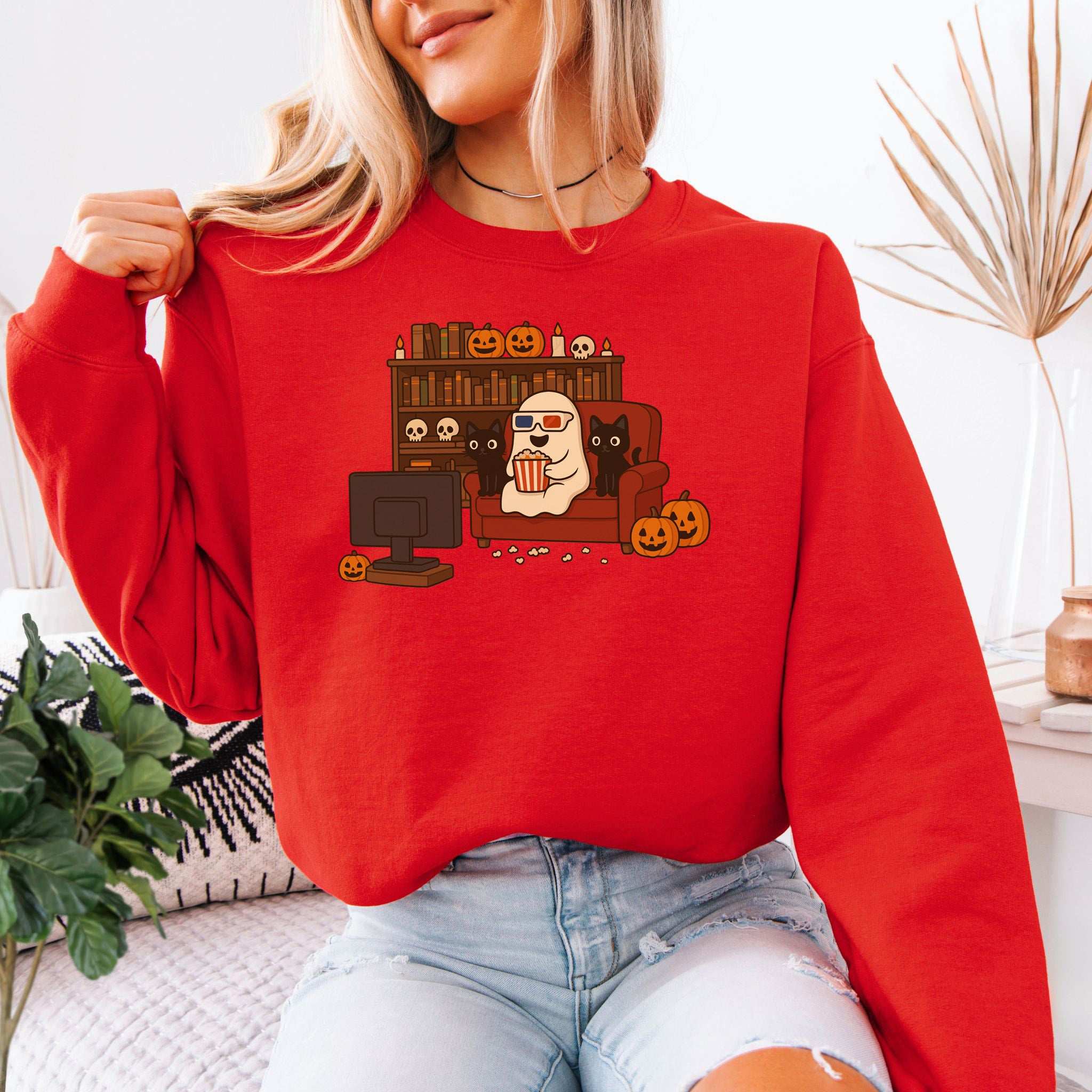 Spooky Movie Night Ghost & Cats Sweatshirt – Cozy Halloween Binge-Watch Vibes