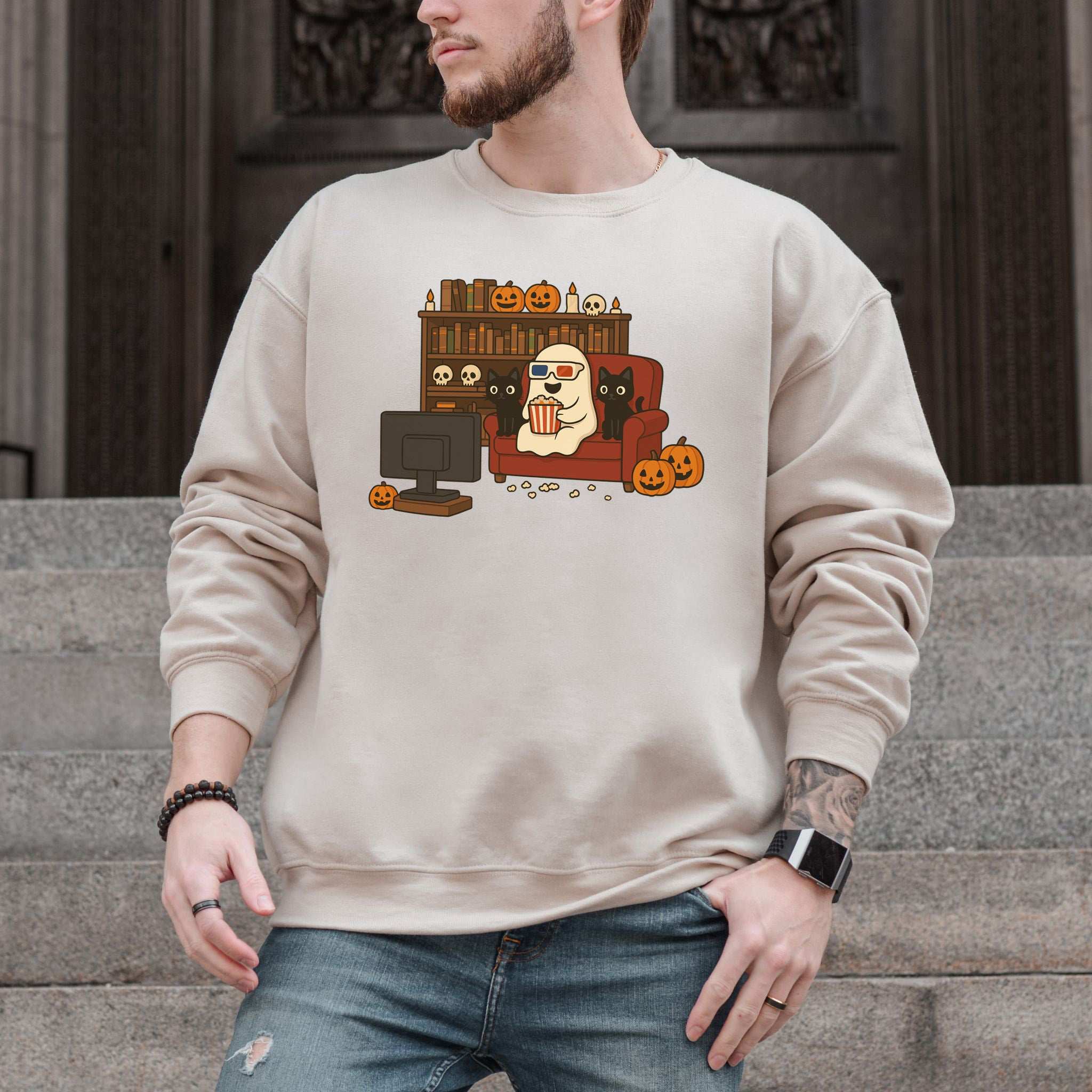 Spooky Movie Night Ghost & Cats Sweatshirt – Cozy Halloween Binge-Watch Vibes