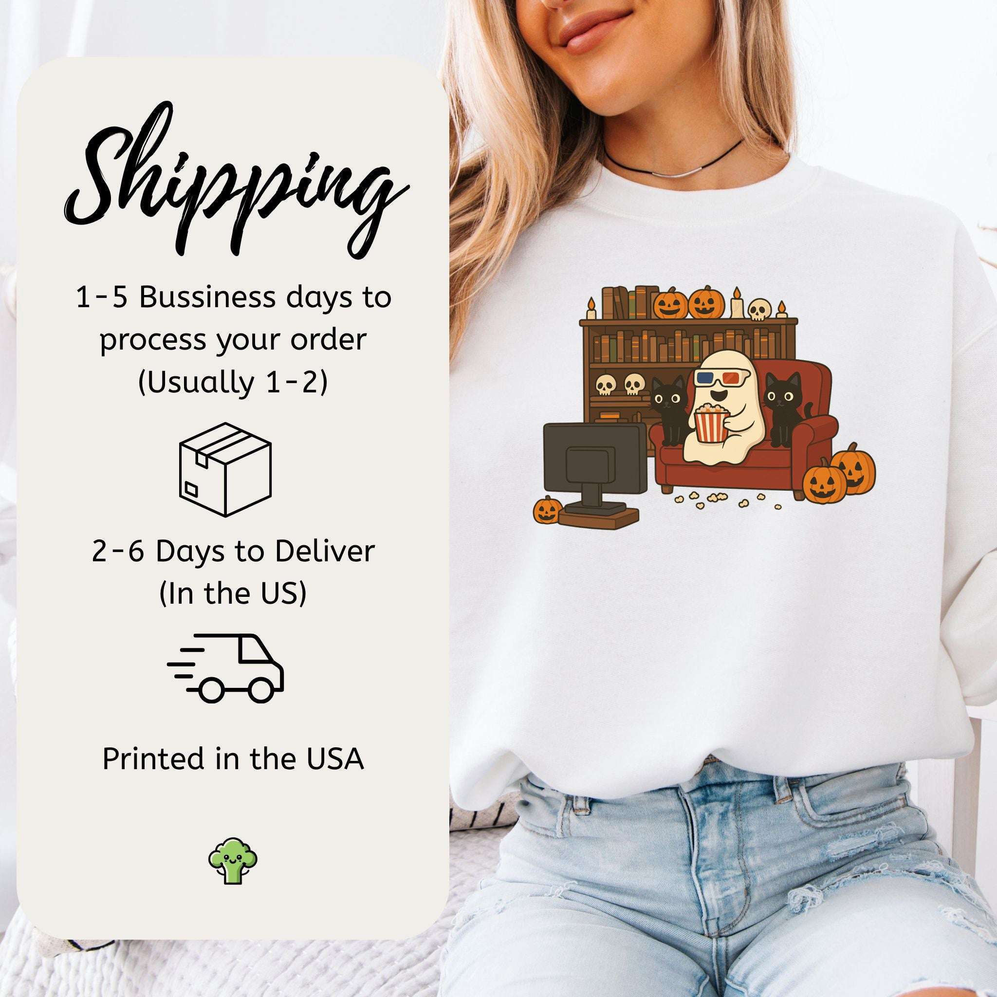 Spooky Movie Night Ghost & Cats Sweatshirt – Cozy Halloween Binge-Watch Vibes