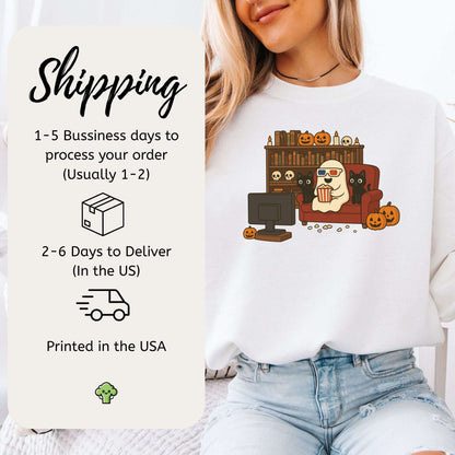 Spooky Movie Night Ghost & Cats Sweatshirt – Cozy Halloween Binge-Watch Vibes