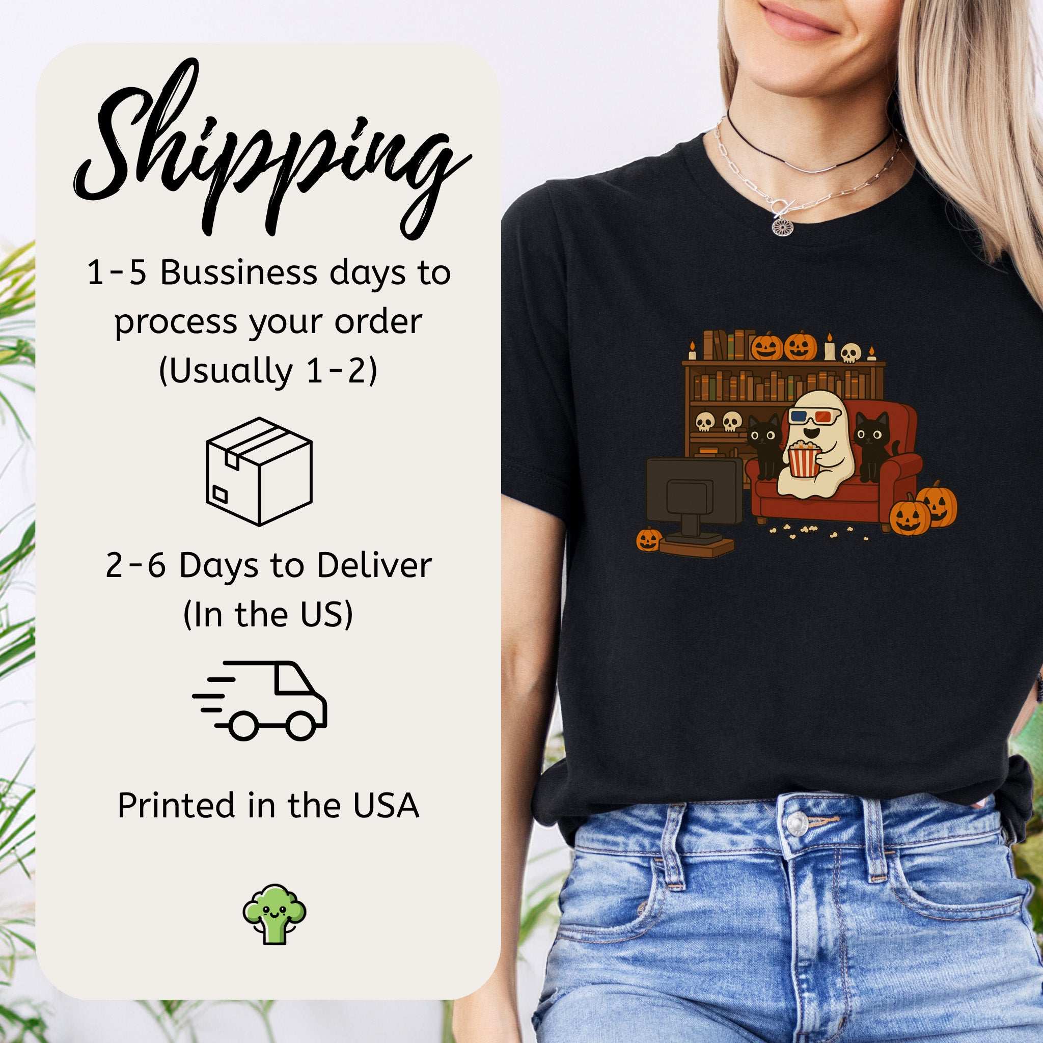 Spooky Movie Night Ghost & Cats T-Shirt – Cozy Halloween Binge-Watch Tee