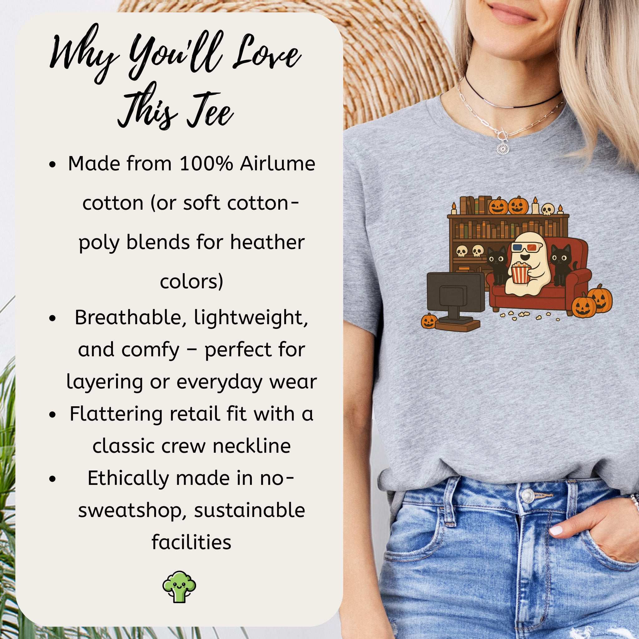 Spooky Movie Night Ghost & Cats T-Shirt – Cozy Halloween Binge-Watch Tee