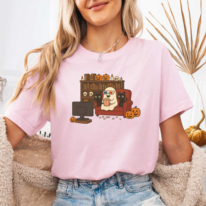 Spooky Movie Night Ghost & Cats T-Shirt – Cozy Halloween Binge-Watch Tee