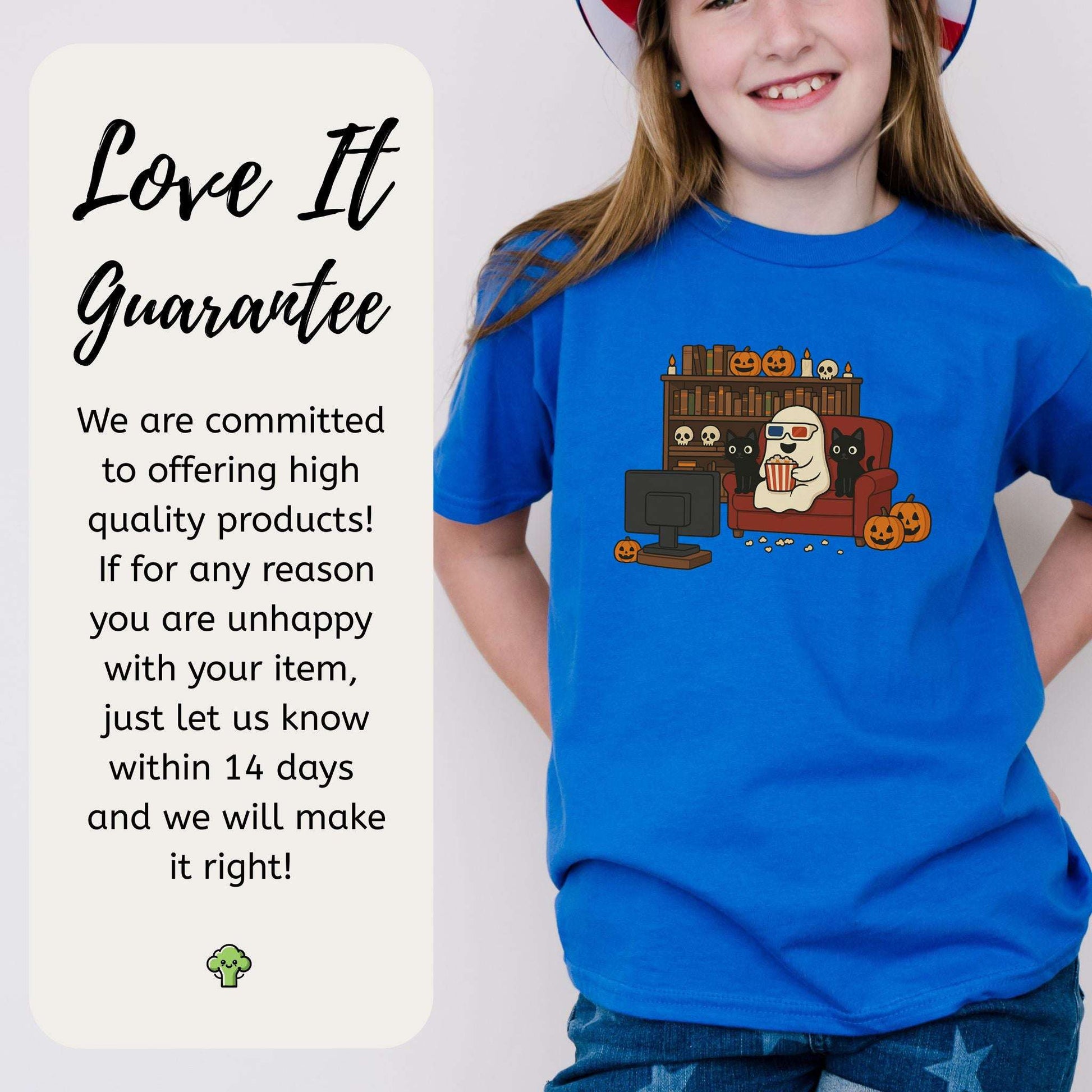 Spooky Movie Night Youth T-Shirt – Ghost, Cats & Couch Vibes