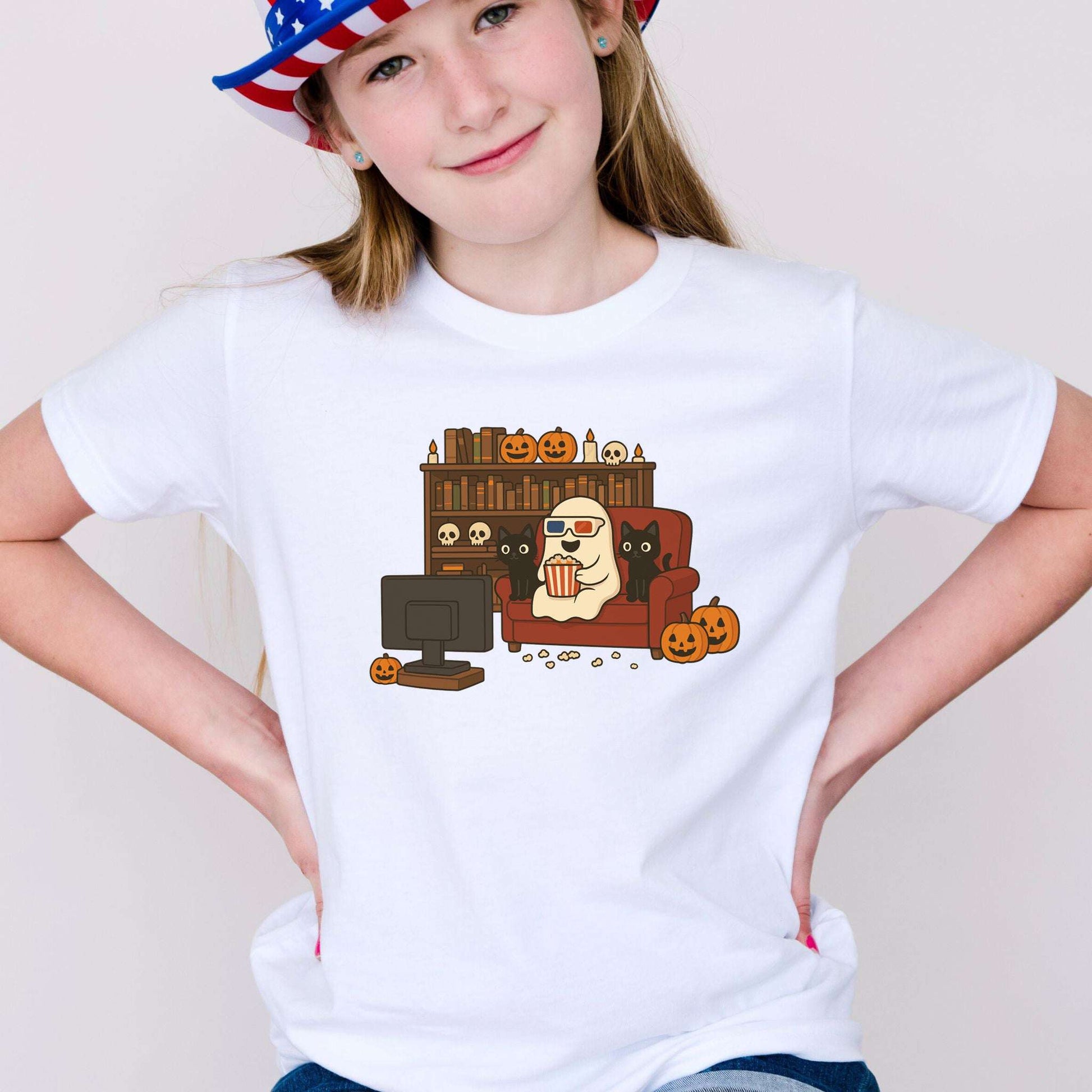 Spooky Movie Night Youth T-Shirt – Ghost, Cats & Couch Vibes