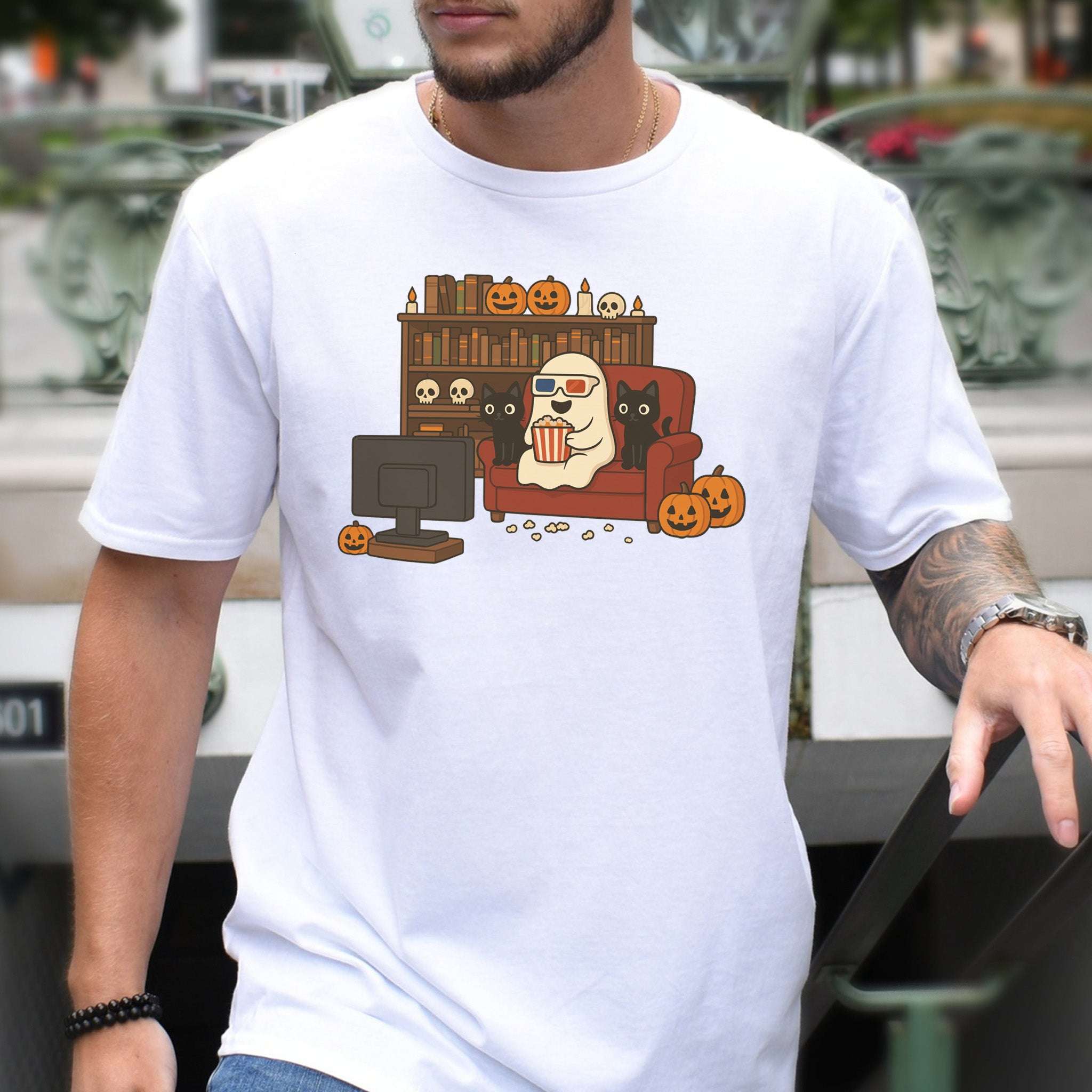 Spooky Movie Night Ghost & Cats T-Shirt – Cozy Halloween Binge-Watch Tee
