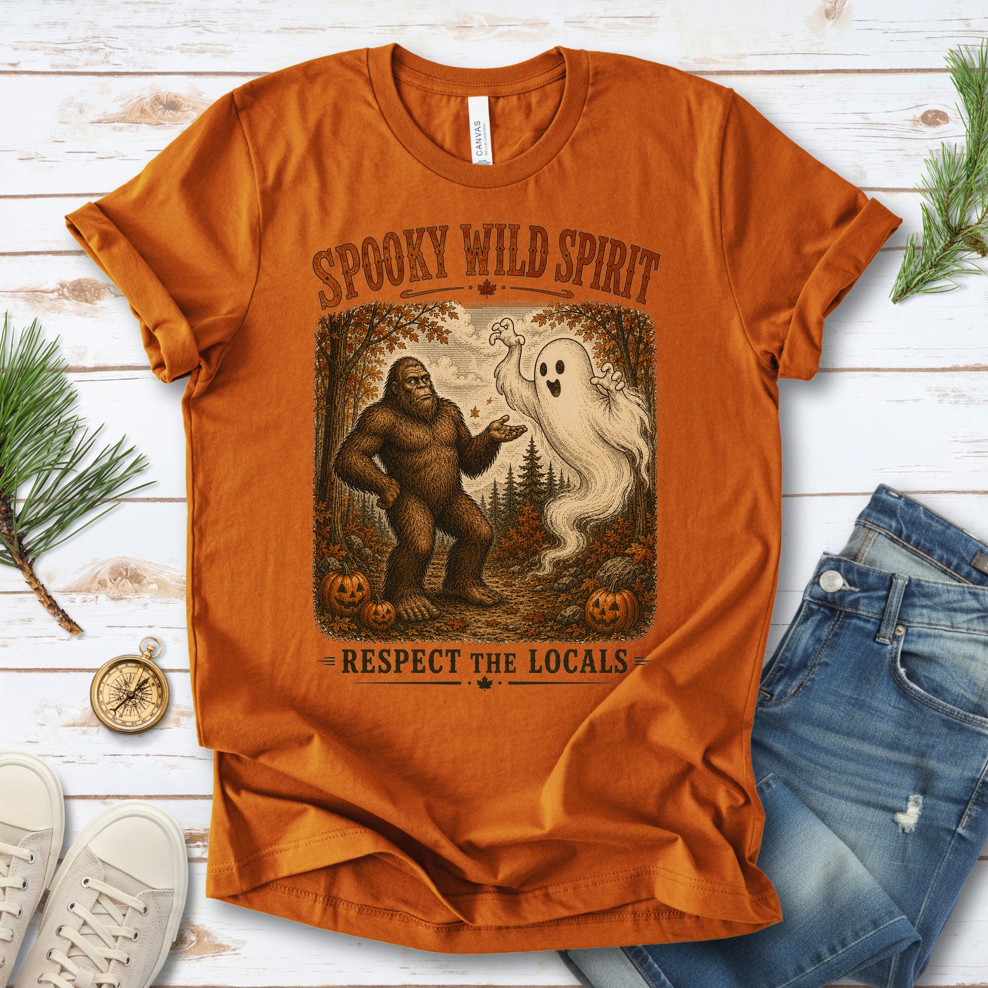 Spooky Wild Spirit Respect the Locals Bigfoot Ghost Halloween T-Shirt
