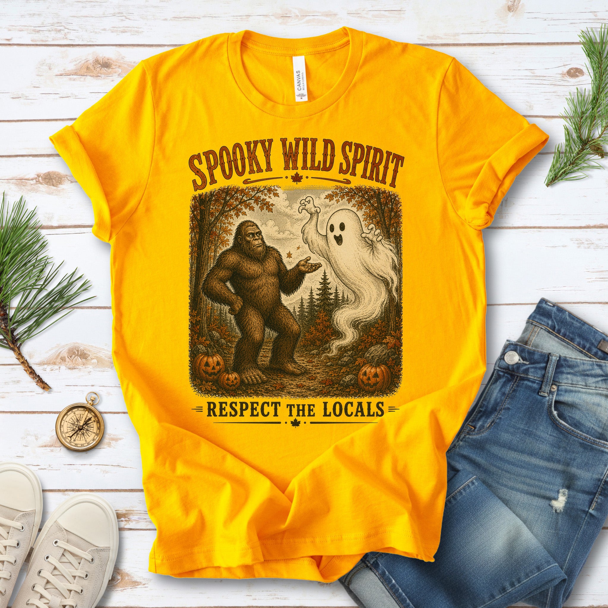 Spooky Wild Spirit Respect the Locals Bigfoot Ghost Halloween T-Shirt