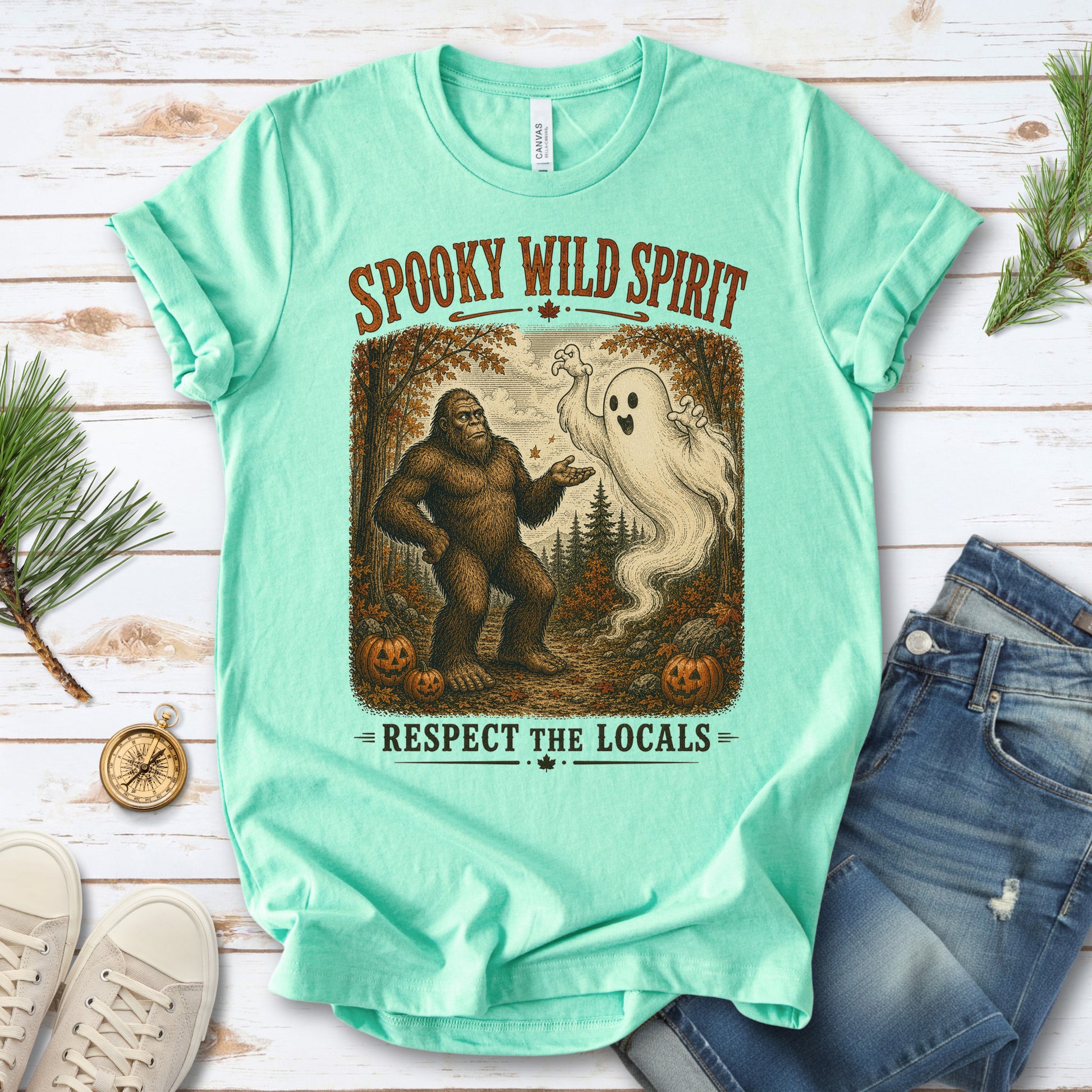 Spooky Wild Spirit Respect the Locals Bigfoot Ghost Halloween T-Shirt