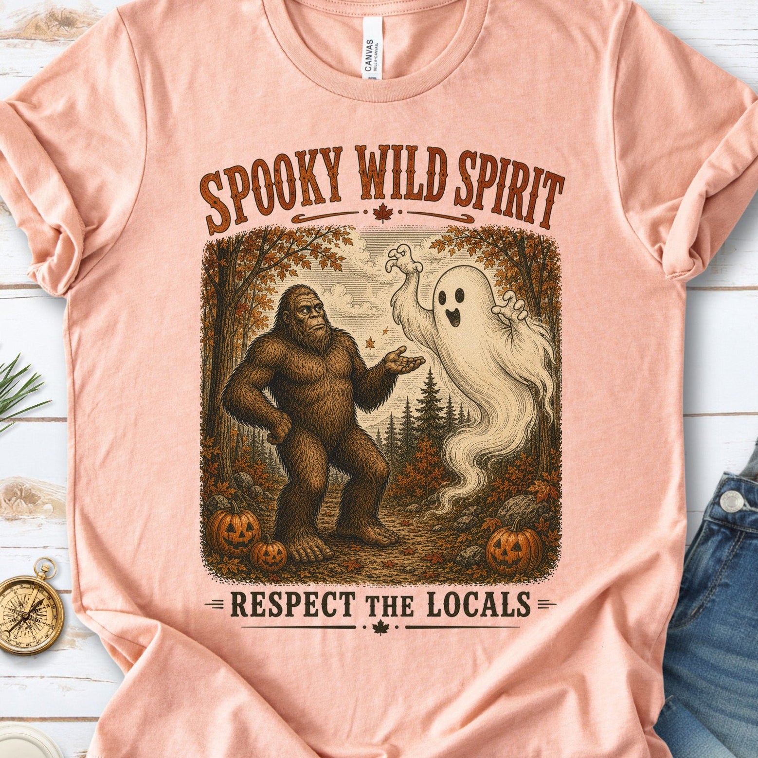 Spooky Wild Spirit Respect the Locals Bigfoot Ghost Halloween T-Shirt