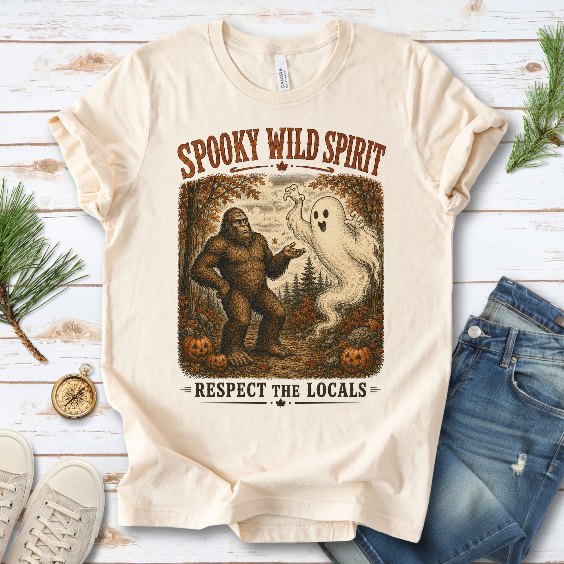 Spooky Wild Spirit Respect the Locals Bigfoot Ghost Halloween T-Shirt