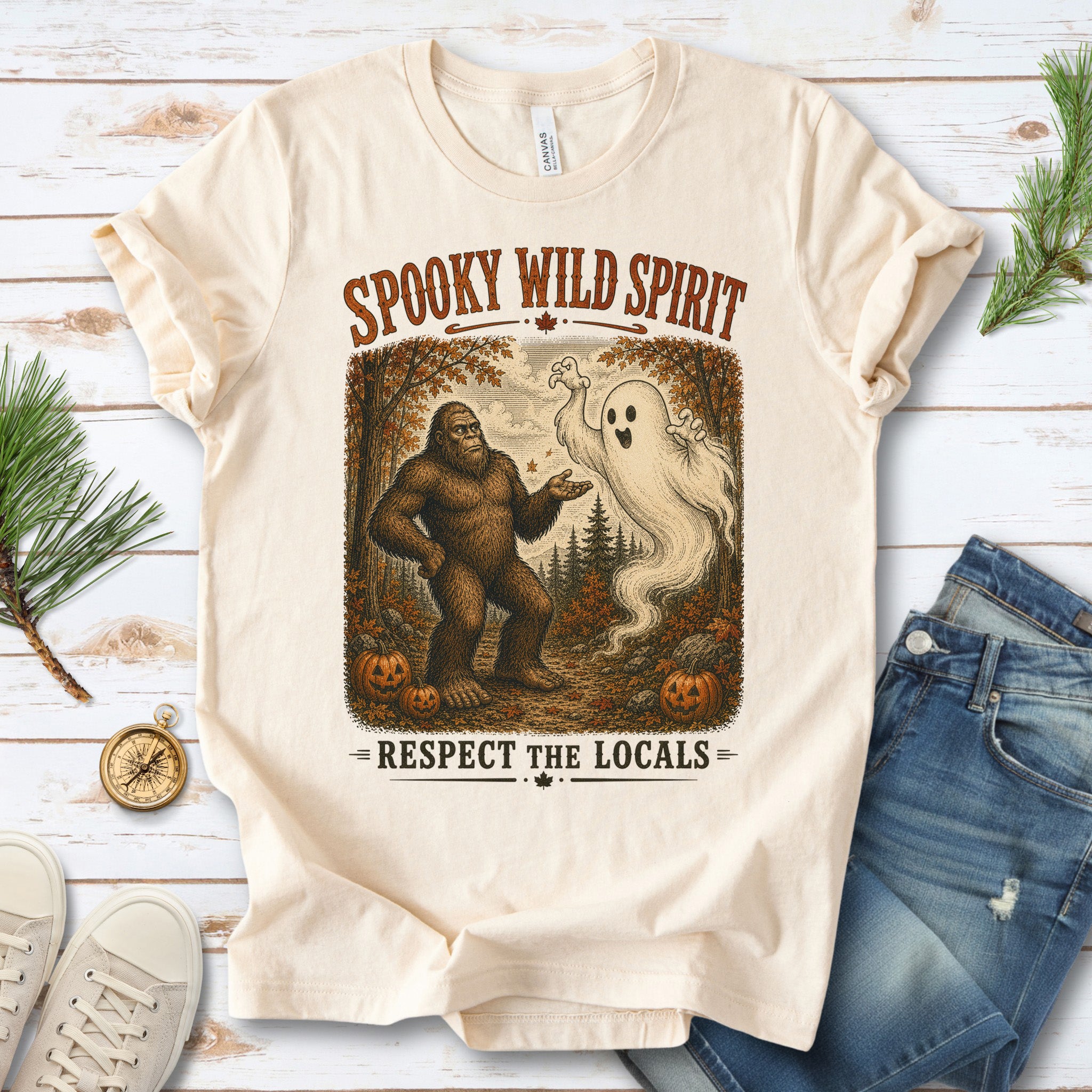 Spooky Wild Spirit Respect the Locals Bigfoot Ghost Halloween T-Shirt