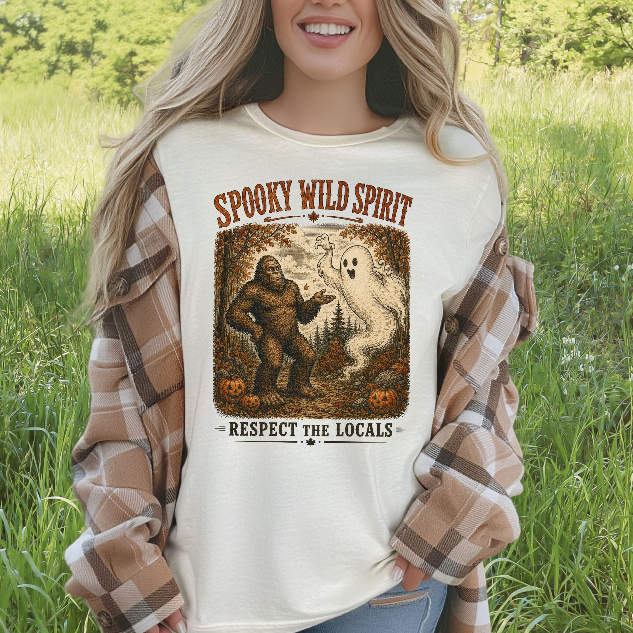 Spooky Wild Spirit Respect the Locals Bigfoot Ghost Halloween T-Shirt