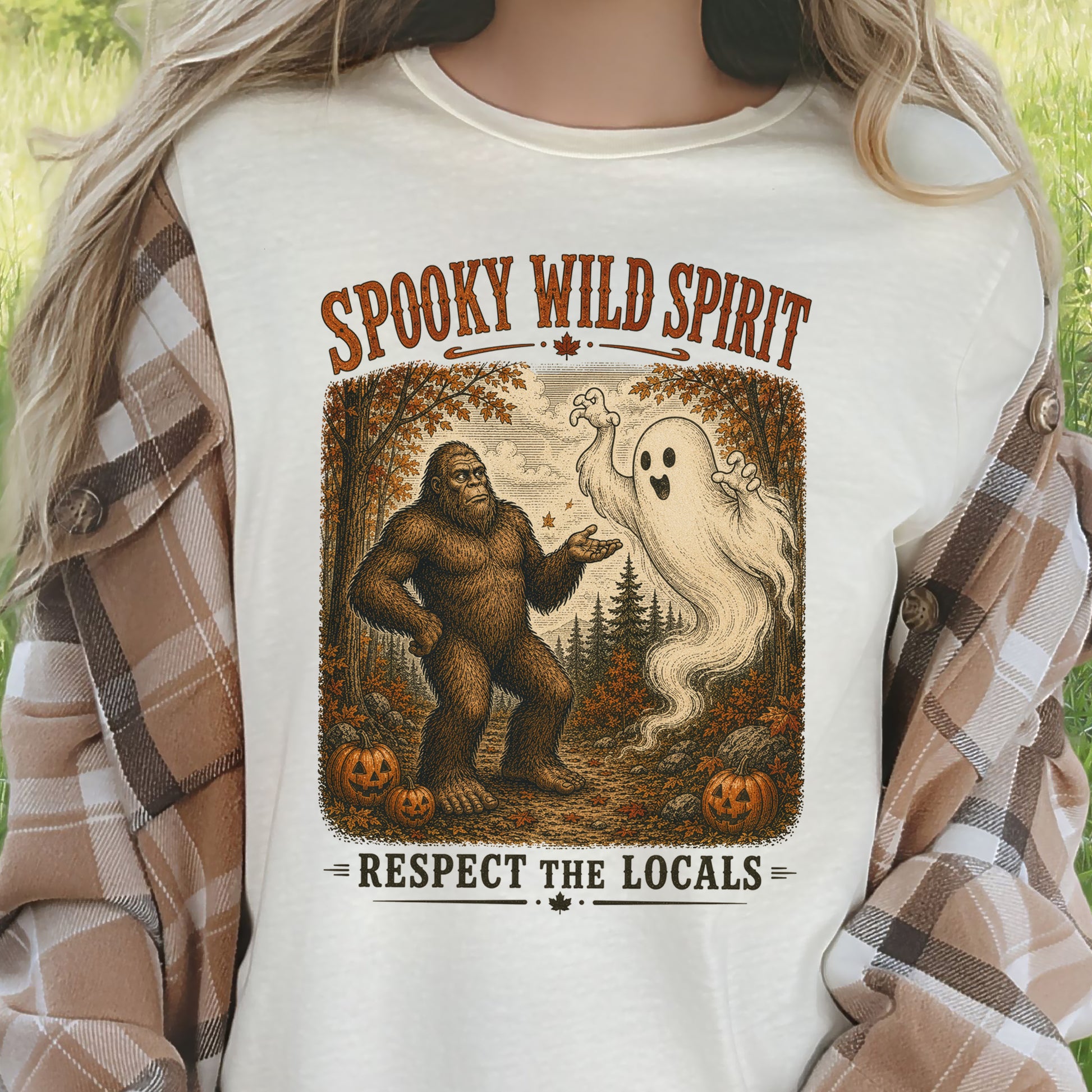Spooky Wild Spirit Respect the Locals Bigfoot Ghost Halloween T-Shirt