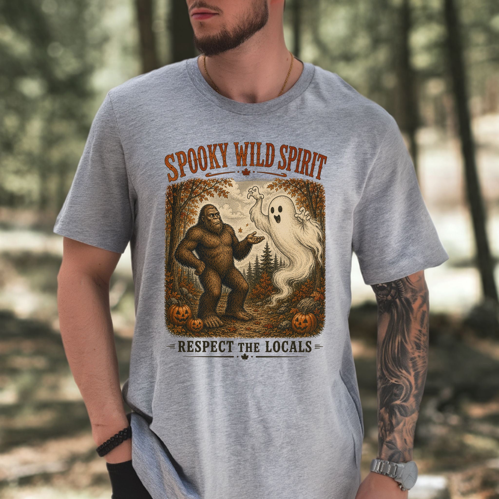 Spooky Wild Spirit Respect the Locals Bigfoot Ghost Halloween T-Shirt