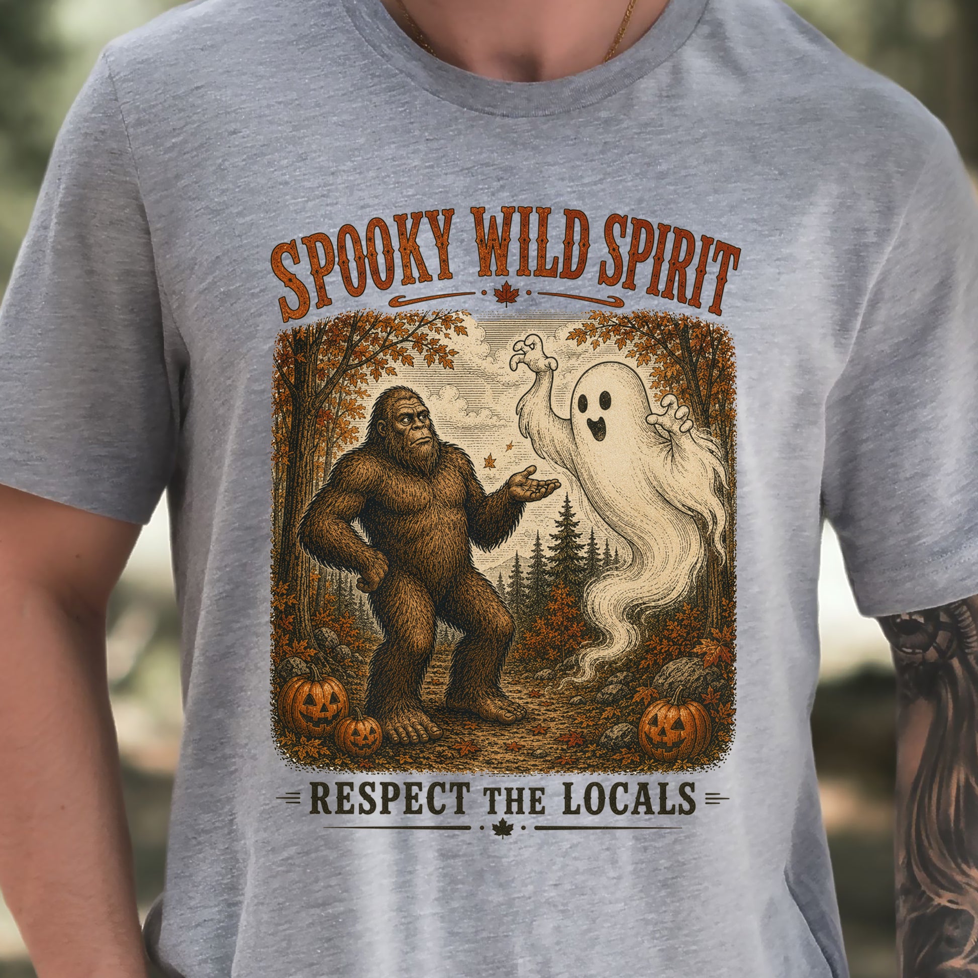 Spooky Wild Spirit Respect the Locals Bigfoot Ghost Halloween T-Shirt