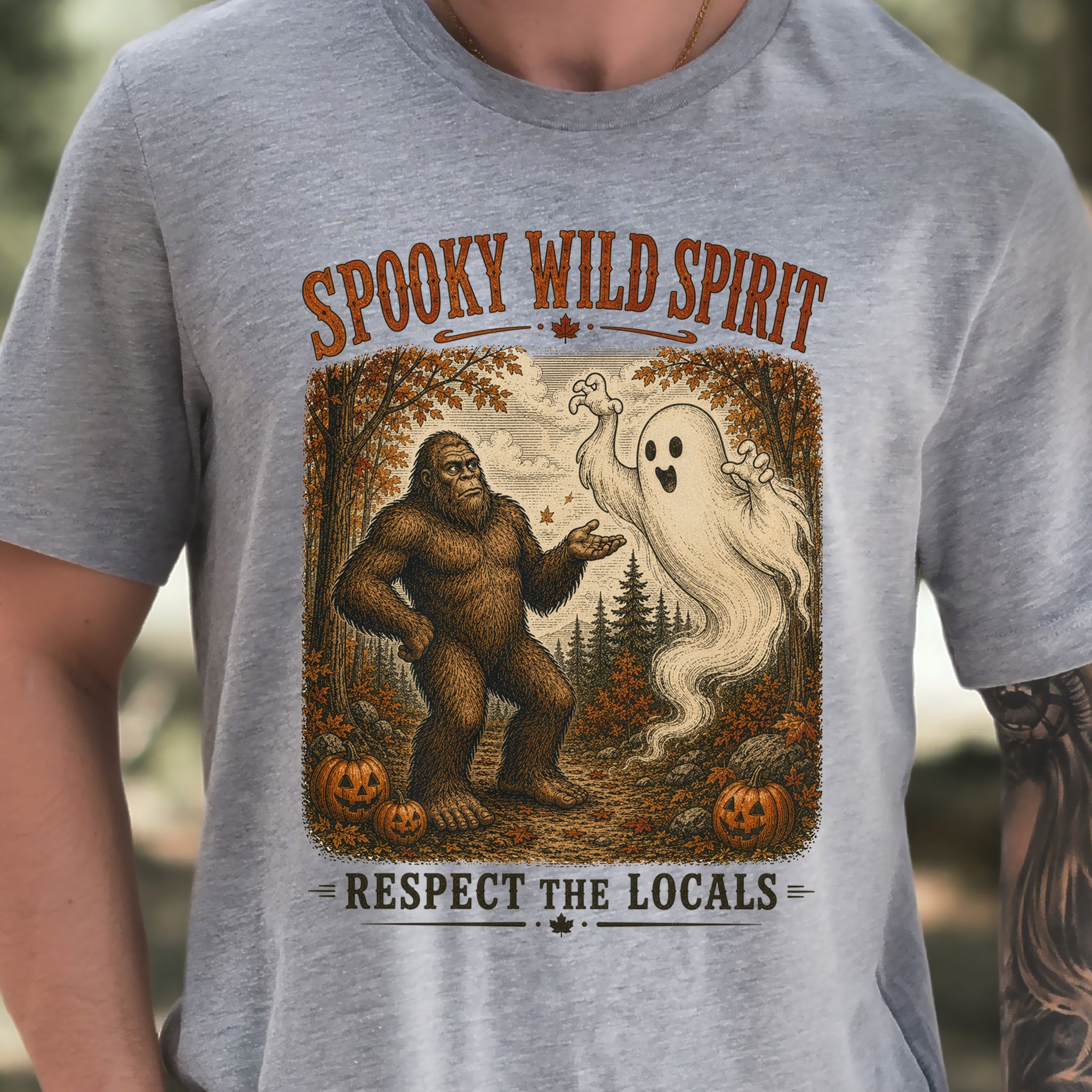 Spooky Wild Spirit Respect the Locals Bigfoot Ghost Halloween T-Shirt