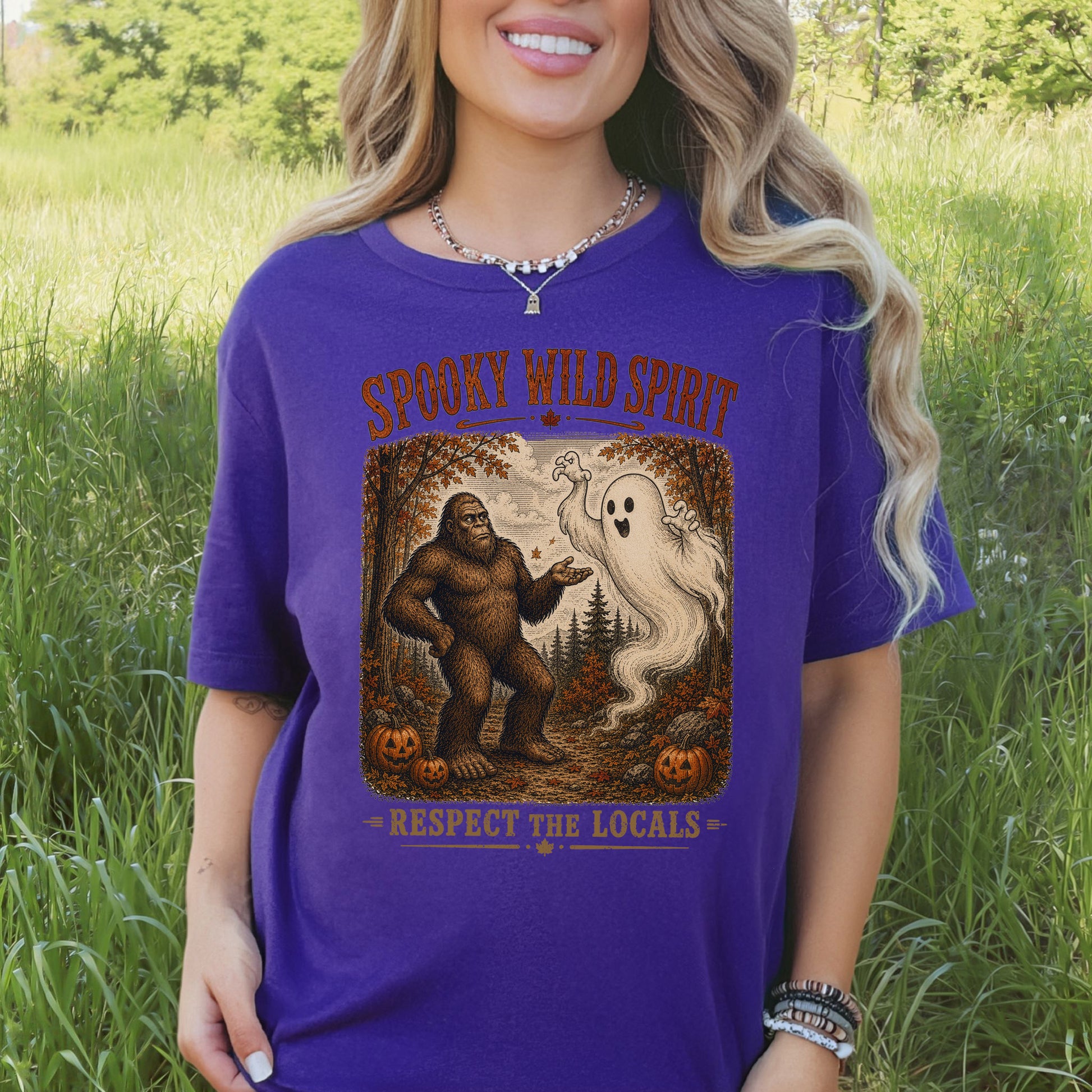 Spooky Wild Spirit Respect the Locals Bigfoot Ghost Halloween T-Shirt