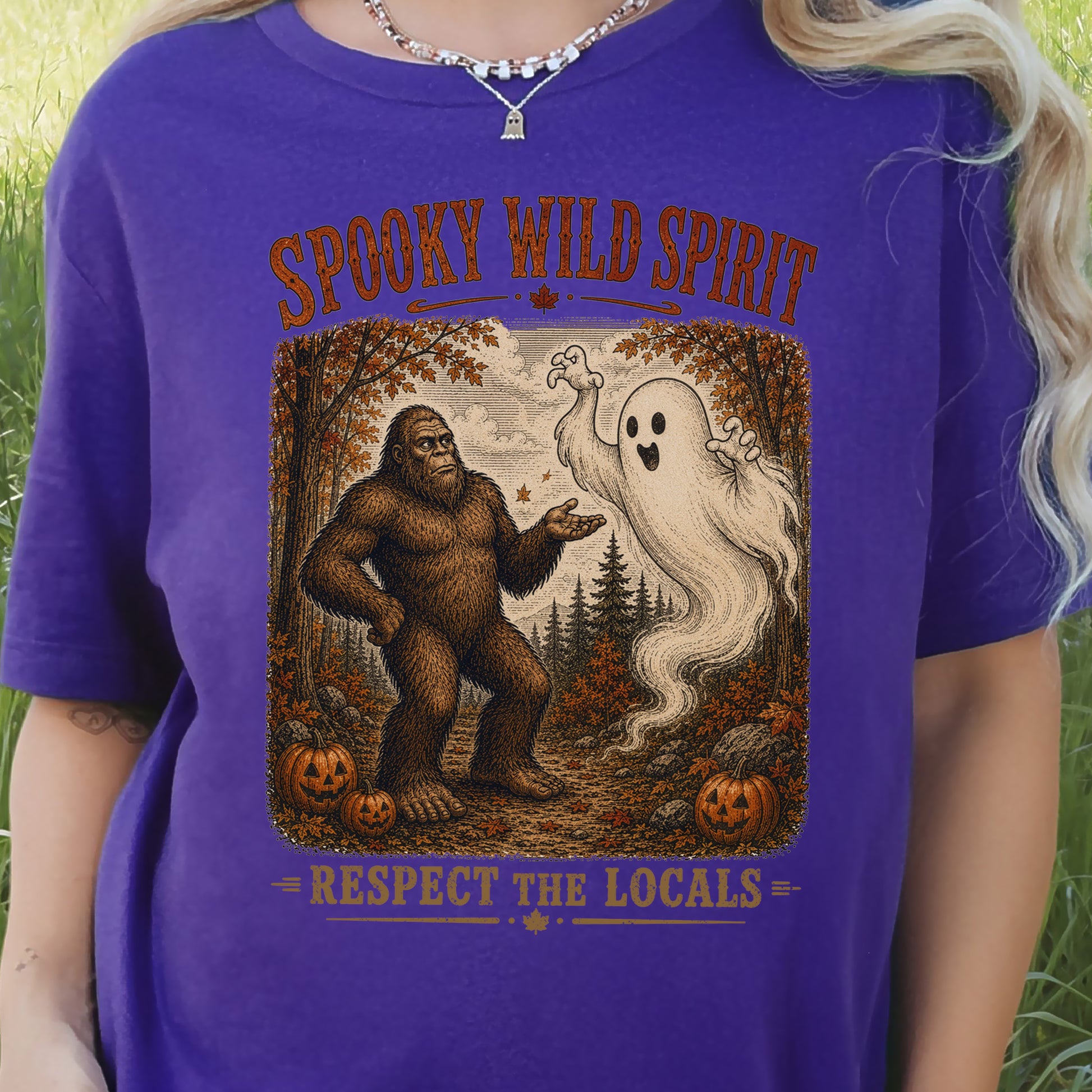 Spooky Wild Spirit Respect the Locals Bigfoot Ghost Halloween T-Shirt
