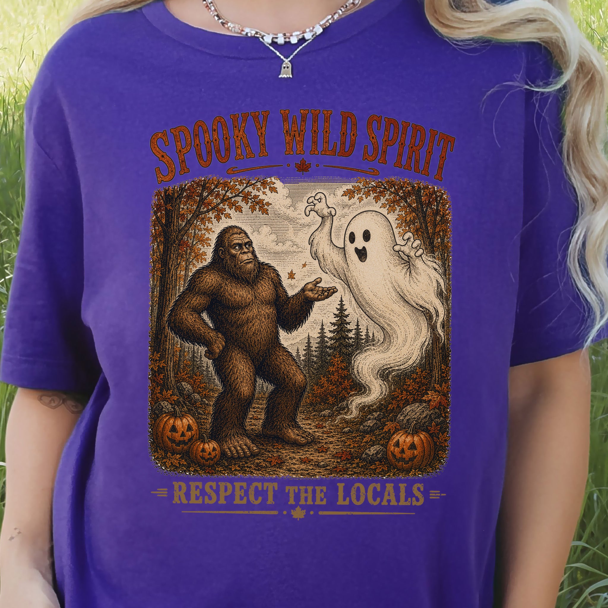 Spooky Wild Spirit Respect the Locals Bigfoot Ghost Halloween T-Shirt