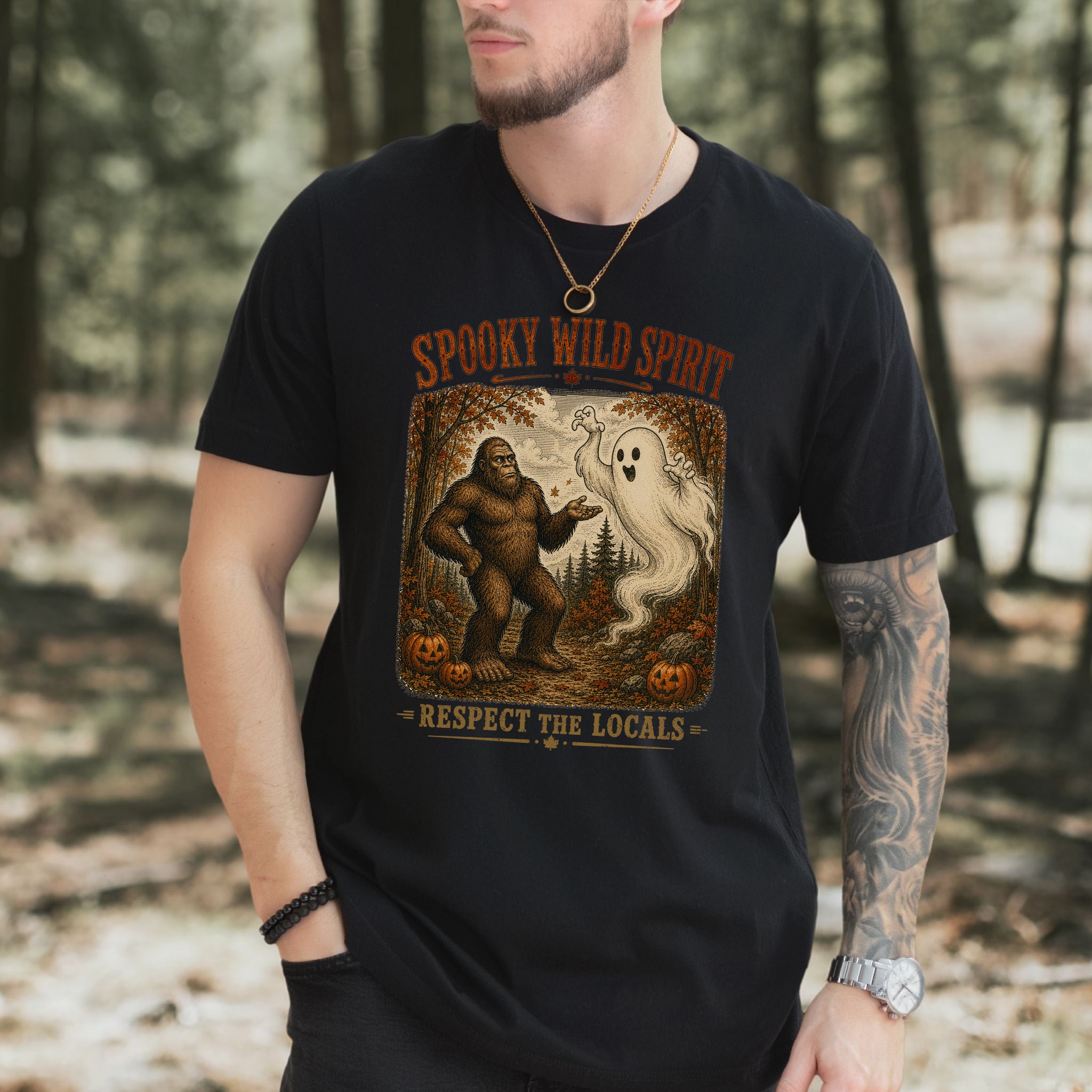 Spooky Wild Spirit Respect the Locals Bigfoot Ghost Halloween T-Shirt