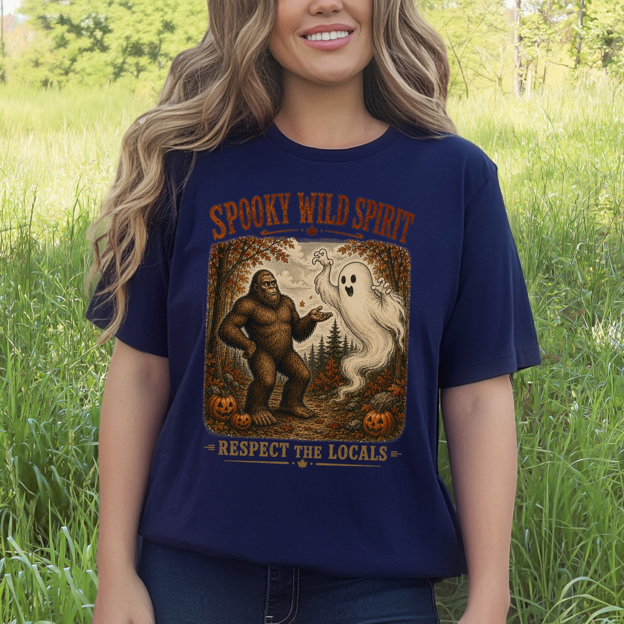 Spooky Wild Spirit Respect the Locals Bigfoot Ghost Halloween T-Shirt