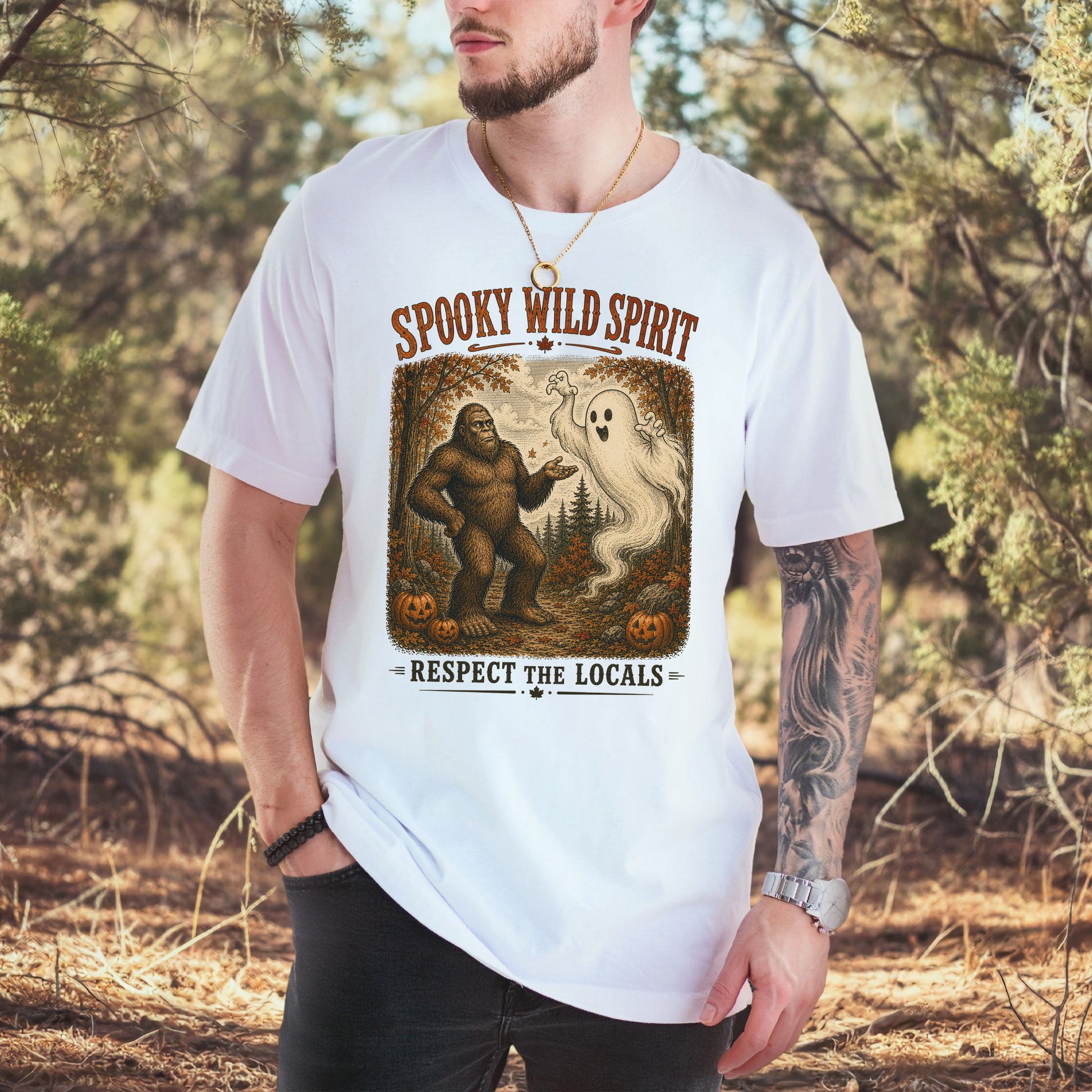 Spooky Wild Spirit Respect the Locals Bigfoot Ghost Halloween T-Shirt