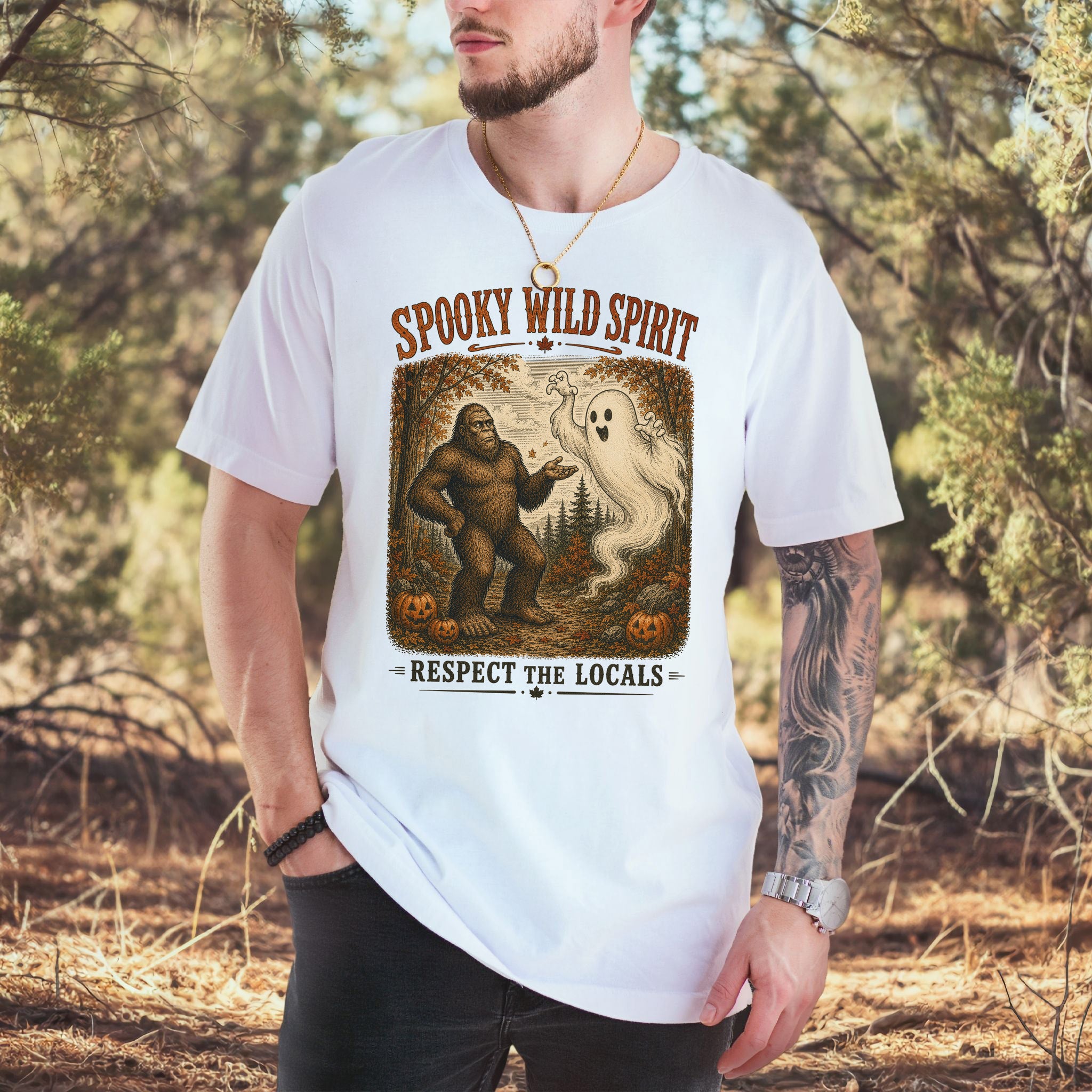 Spooky Wild Spirit Respect the Locals Bigfoot Ghost Halloween T-Shirt