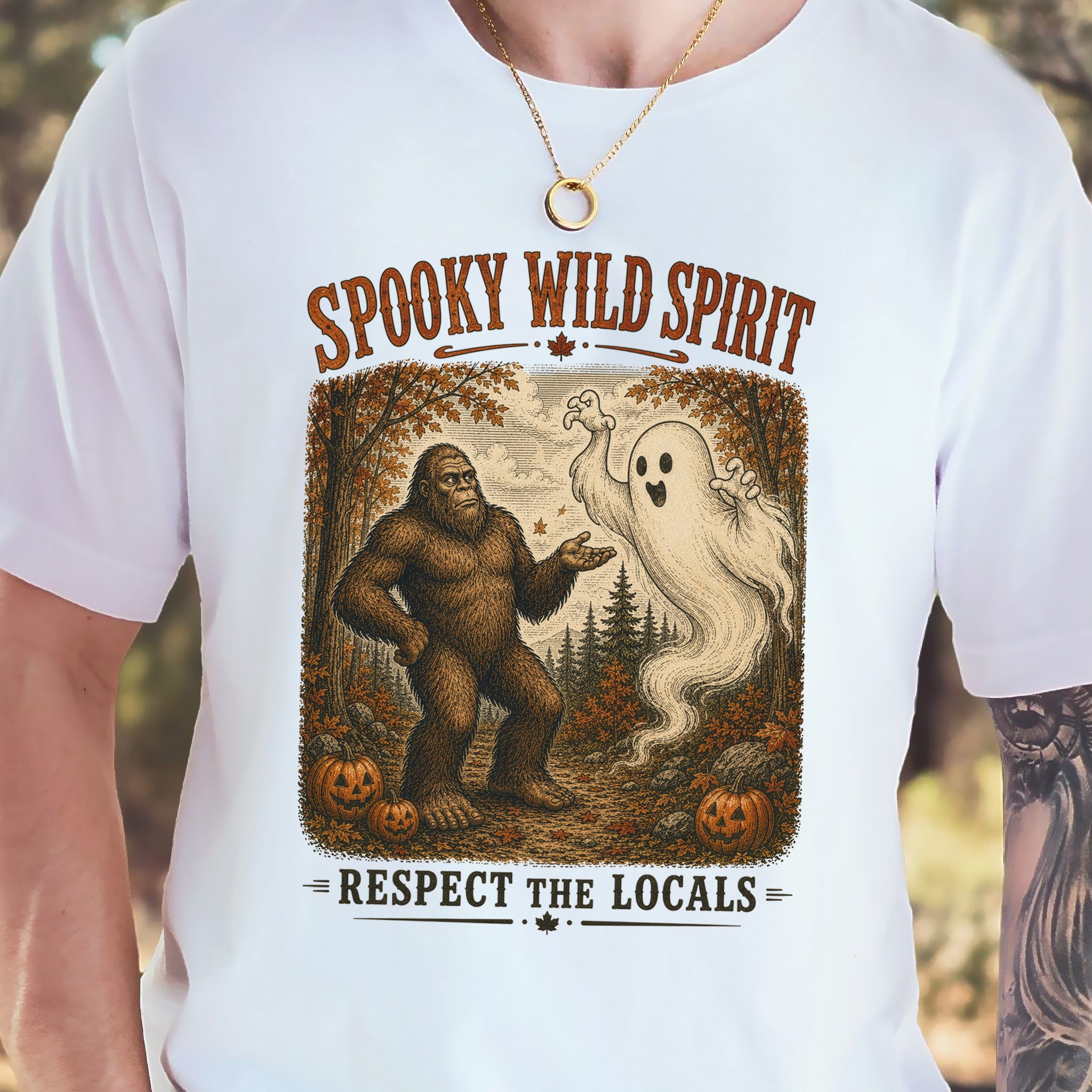 Spooky Wild Spirit Respect the Locals Bigfoot Ghost Halloween T-Shirt