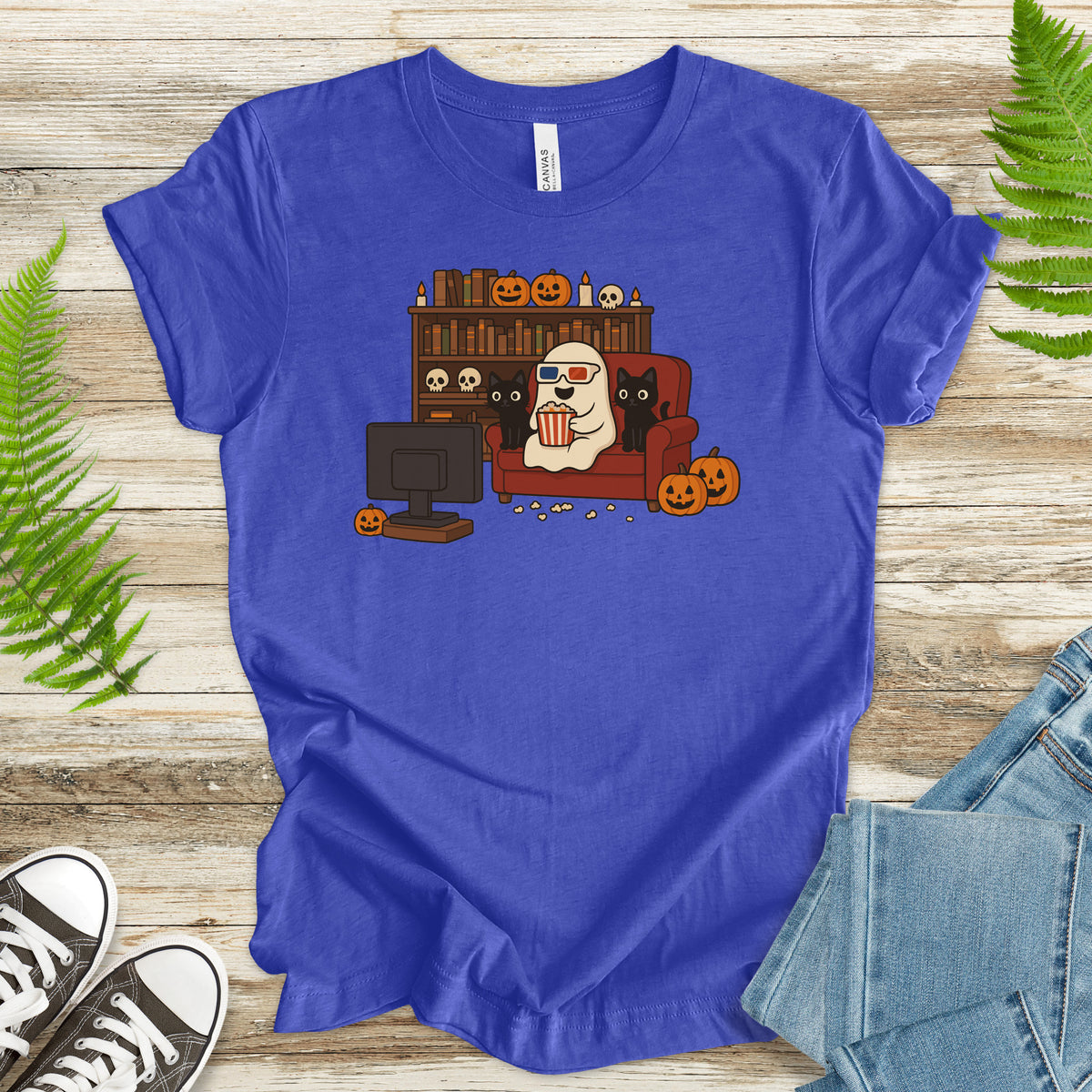 Spooky Movie Night Ghost & Cats T-Shirt – Cozy Halloween Binge-Watch Tee