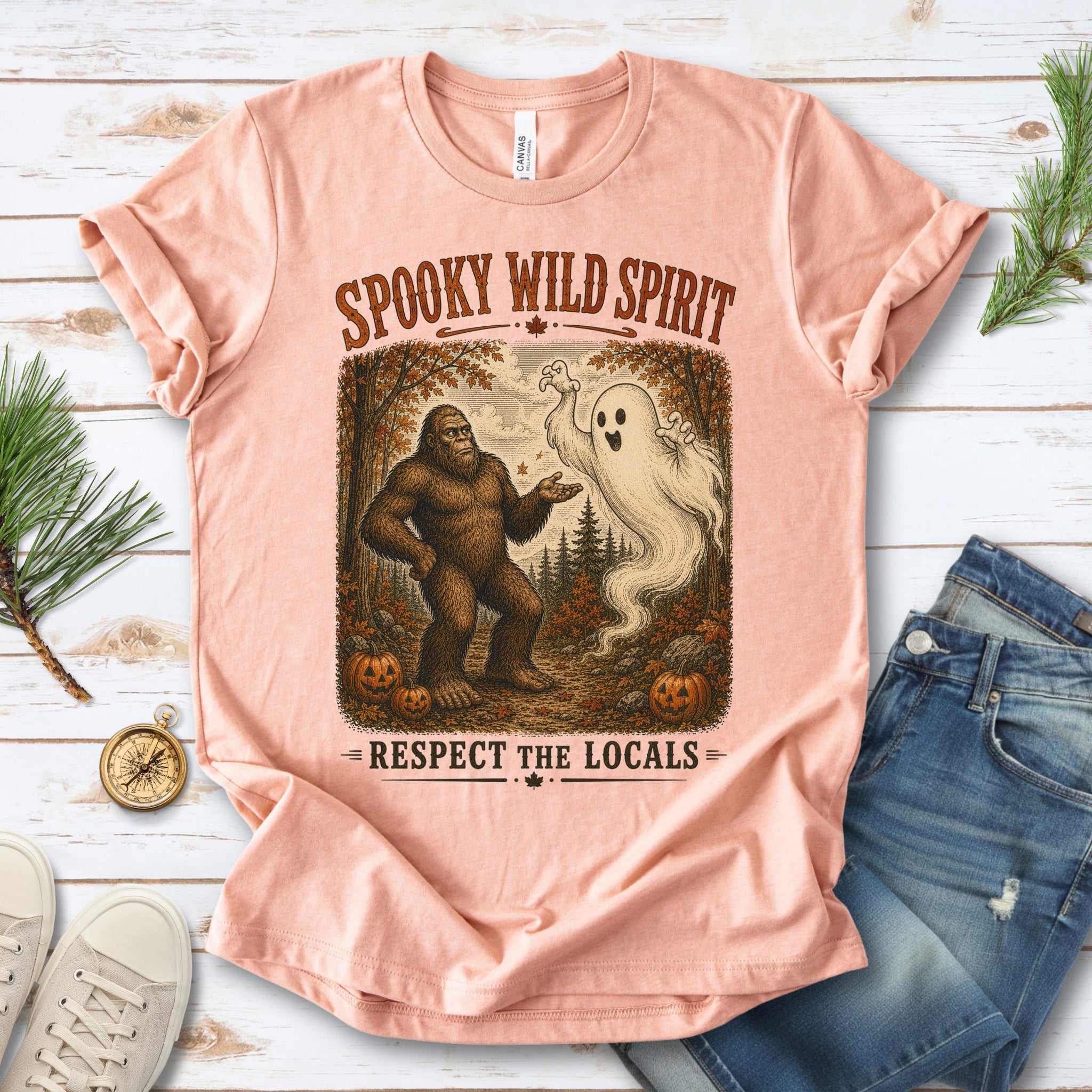 Spooky Wild Spirit Respect the Locals Bigfoot Ghost Halloween T-Shirt
