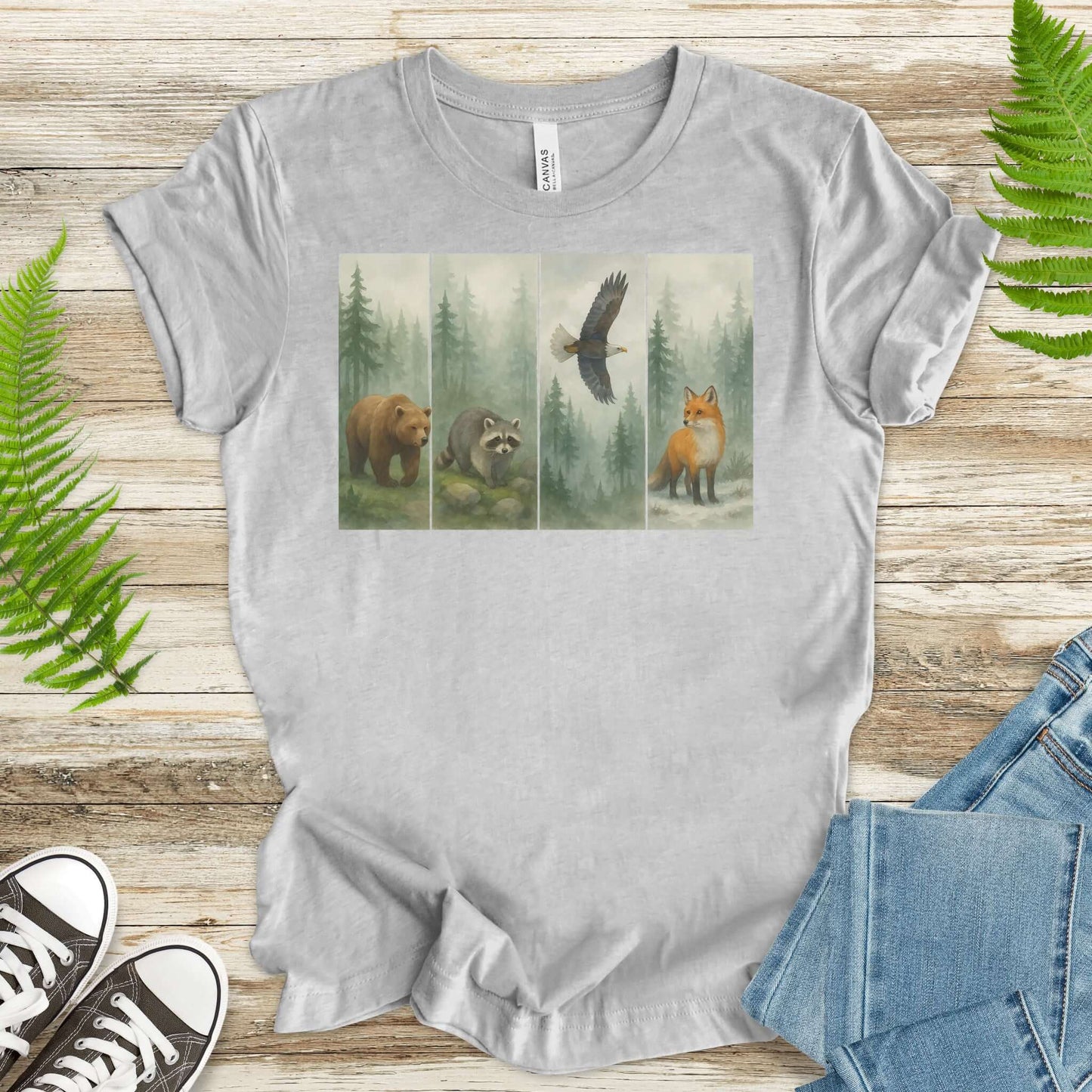 Forest Wildlife Strip Tee – Watercolor Nature Hike Animal T-Shirt