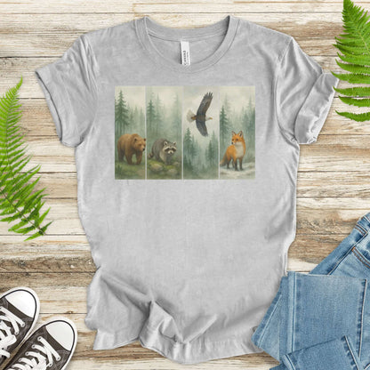 Forest Wildlife Strip Tee – Watercolor Nature Hike Animal T-Shirt